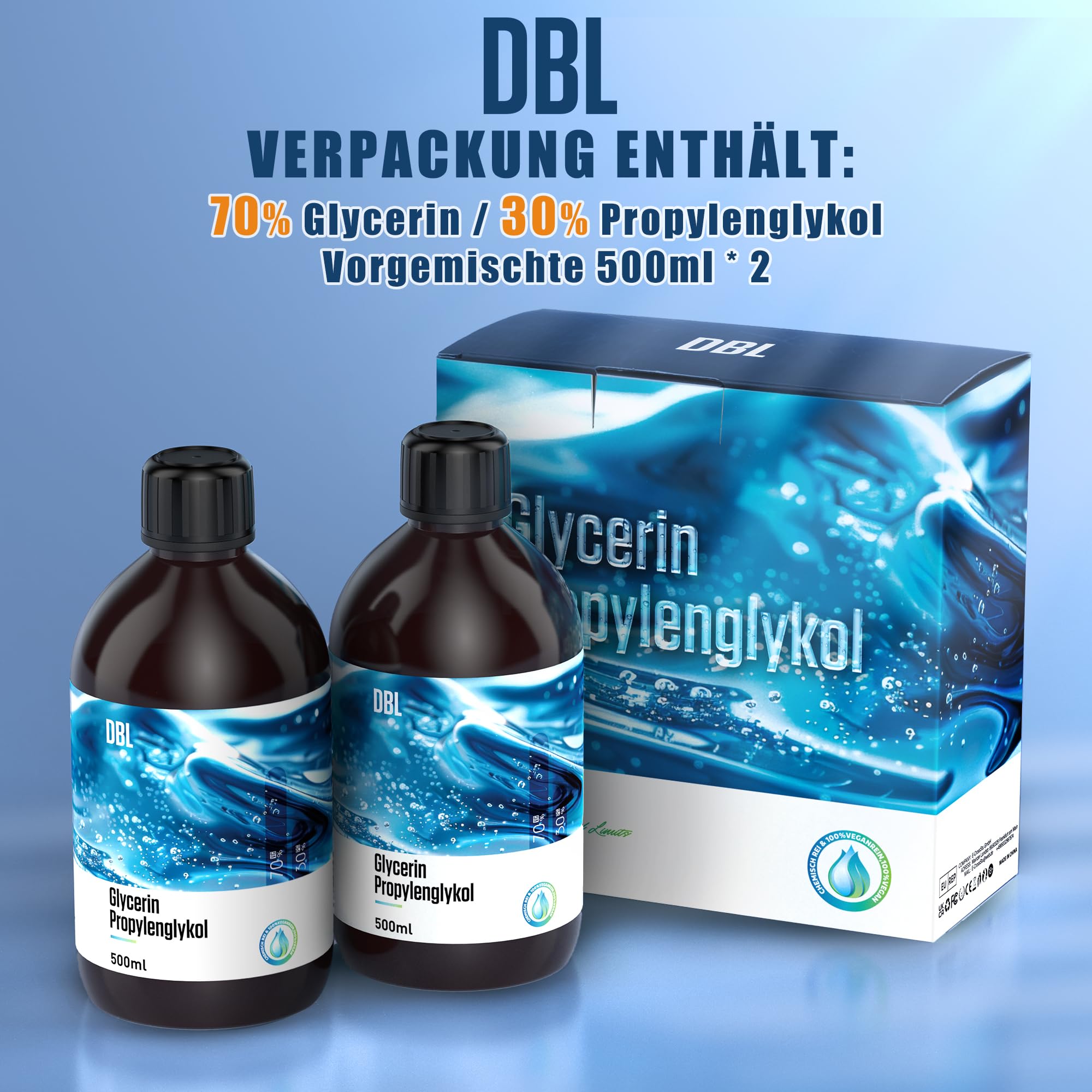 DBL 2x500ml 70% Glycerin E422, 30% Propylenglykol E1520, 70/30 VG/PG, 99,9% | Pharma- & Lebensmittelqualität, Vegan, Farblos, Ideal als Liquid Base für DIY, Seifen, Cremes, Kindersicherer Verschluss