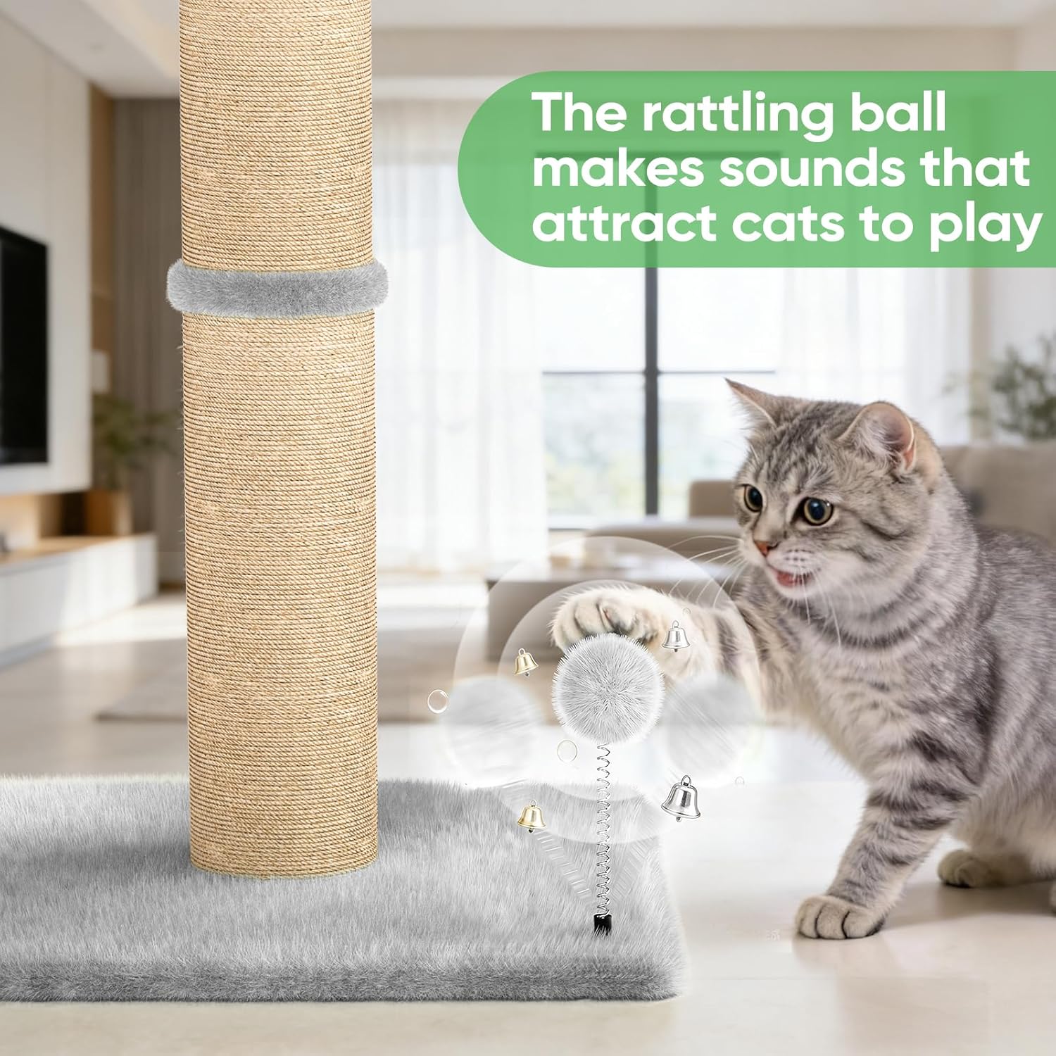 XiaZ Cat Scratching Post 34'' Tall, Heavy Duty Cat Tree Tower for Indoor Kitty with Extra Wide 15.8" Stable Base and 2 Toy Balls, Natural Sisal & Plush Fabric for Small, Medium Cats(Light Gray, 2.8in)