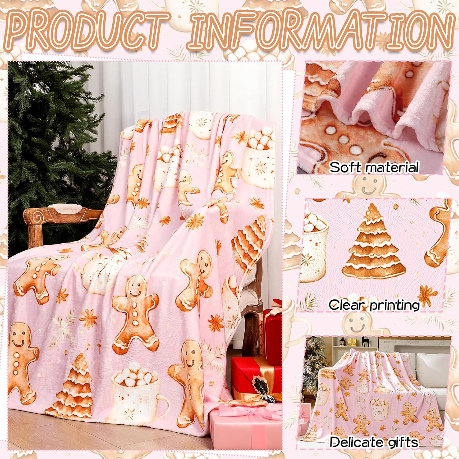 Gingerbread Man Christmas Throw Blanket for Adults 50 x 60 Inch Holiday Tree and Cookie Theme Flannel Blankets for Bedroom Couch Travel Home Decor Fuzzy Cozy Soft Warm Gifts(Pink) - Image 7