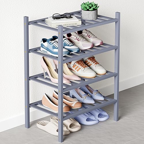 Miniatura 23 de Smiry Zapatero de bambú para clóset, organizador de zapatos apilable de 4 niveles largo de madera, estante de almacenamiento de zapatos Negro