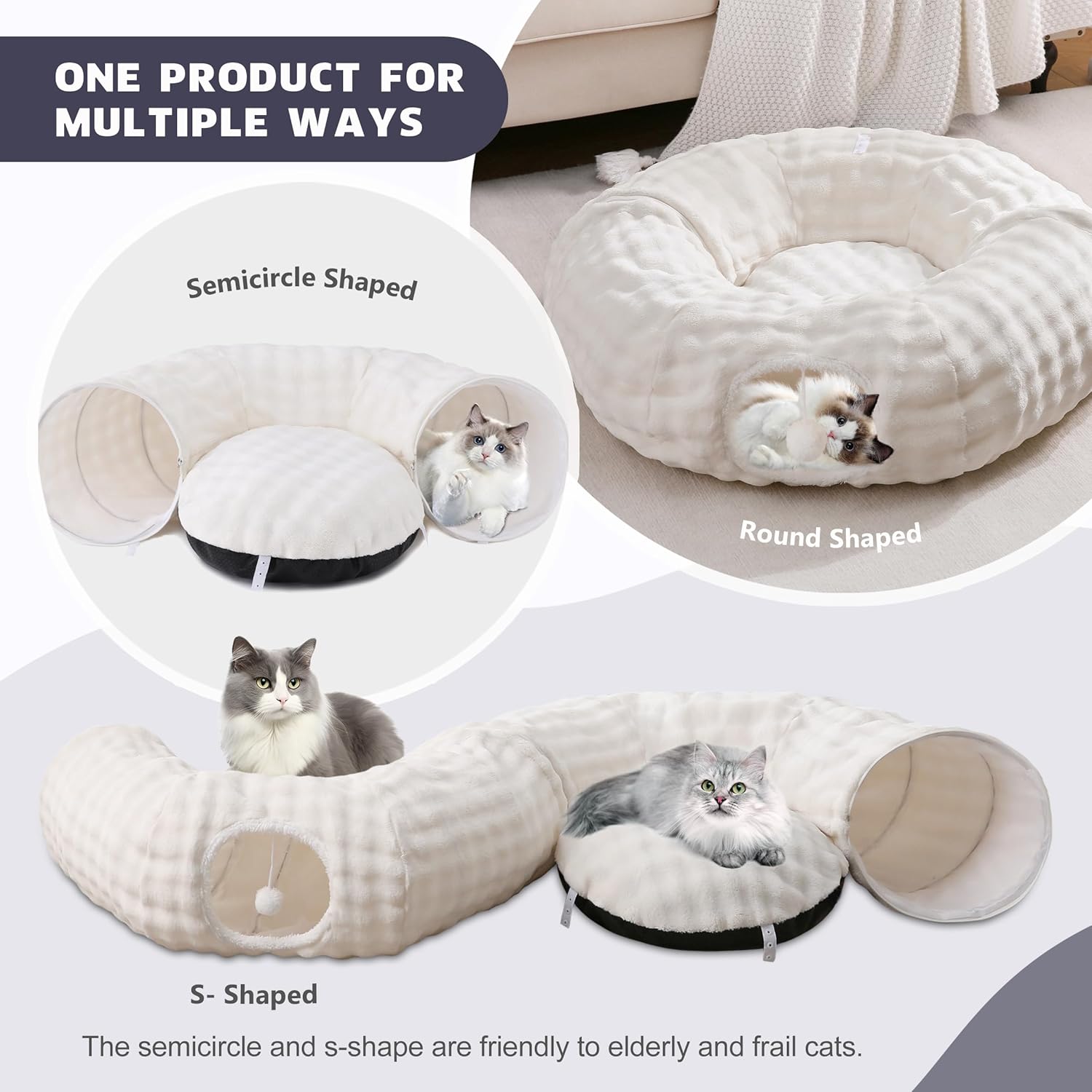Bubble Cat Tunnel for Indoor Cats, Round Peekaboo Cave Toy with Dangling Balls, Donut Tunnel Bed with Circle Mat for Puppy Kitten Rabbit, Cream White