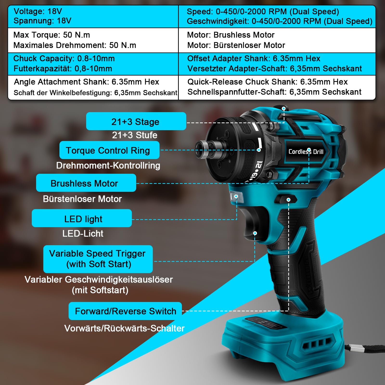 Set di trapano avvitatore a batteria compatibile con Makita 18 V, con 4 mandrini intercambiabili. Elettro utensile compatto e versatile per spazi limitati, ideale per hobbisti e professionisti