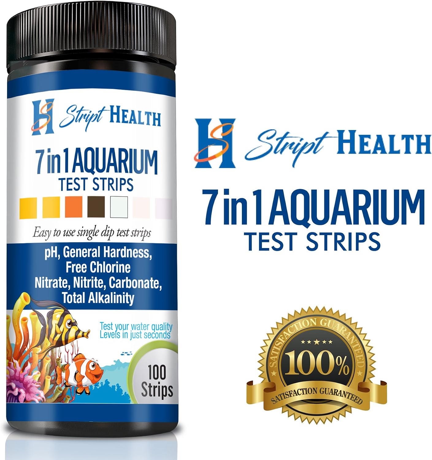 Stript Health 7-Way Aquarium Test Strips 100 Count - Easily Test Your Salt/Fresh Water Tank - Spend More Time Enjoying Your Fish - One Simple Strip Test - Rapid Results - Best Value Kit