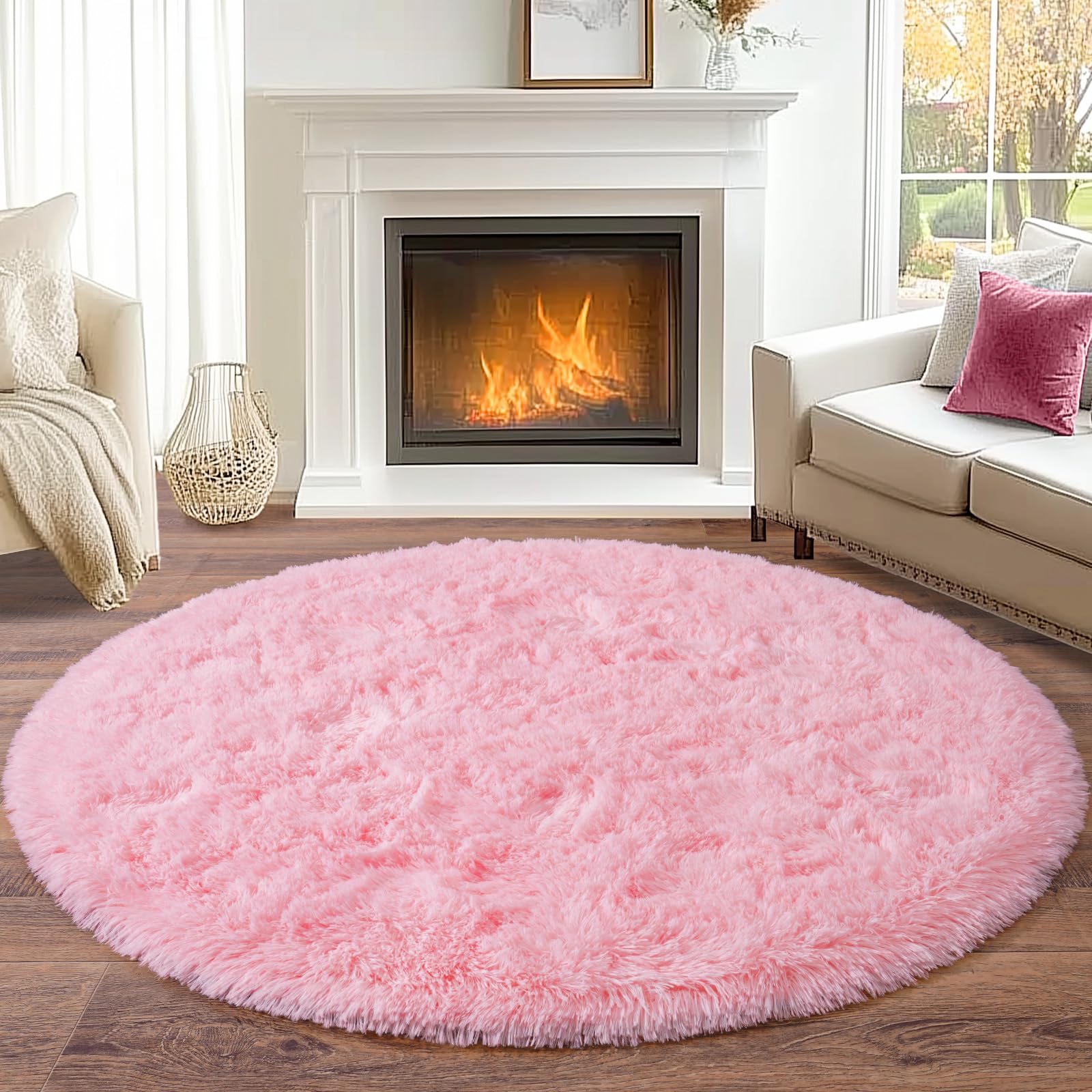 BSGIFT Teppich Rund 200 cm, Shaggy Hochflor Teppich Rosa Flauschig, Modern Langflor Kuschelteppich Wohnzimmerteppich High-Pile Carpet