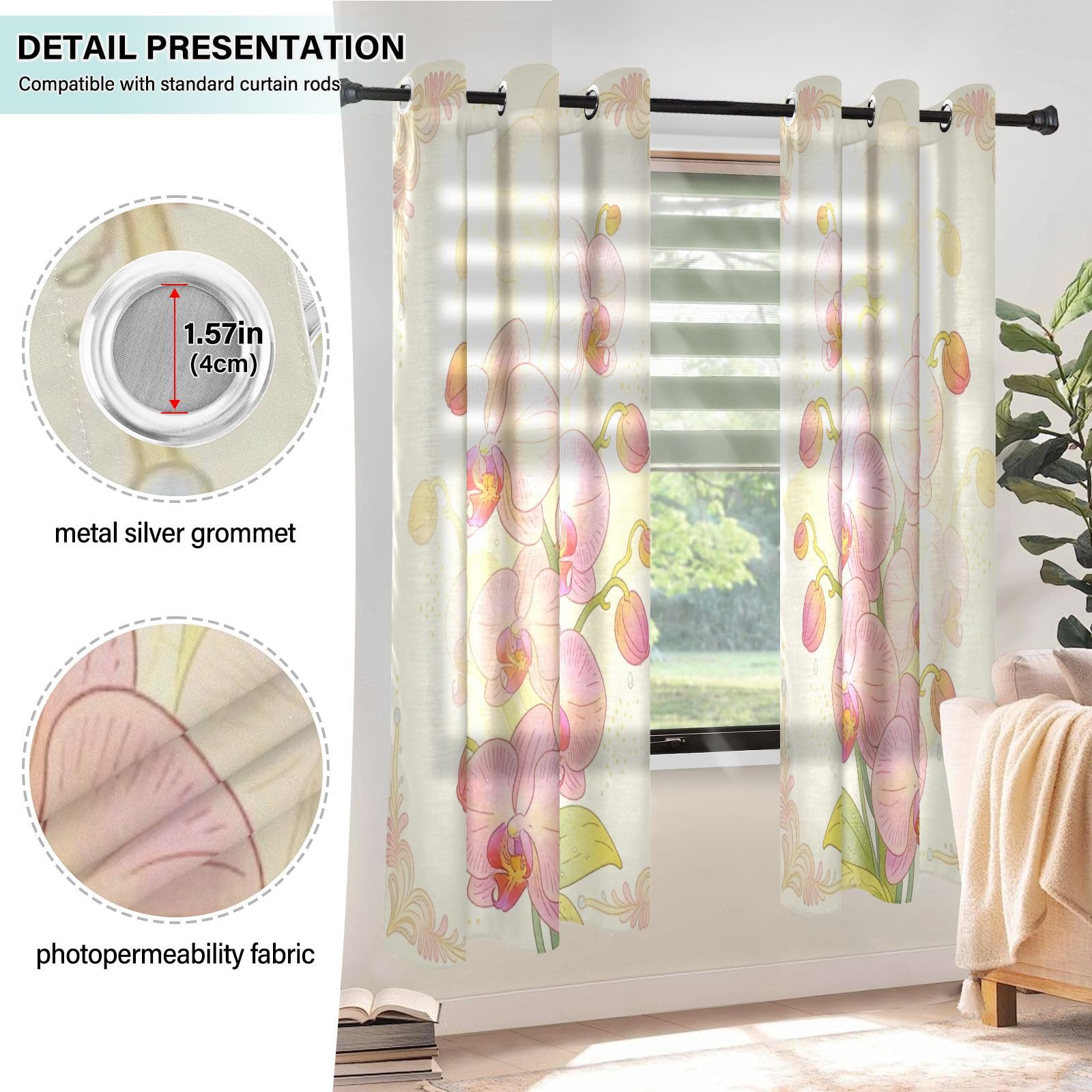 Cortinas decorativas para ventana, opacas, elegantes, arte de orquídeas tropicales, 160 cm de largo, oscurecimiento de la habitación, juegos de 2 paneles