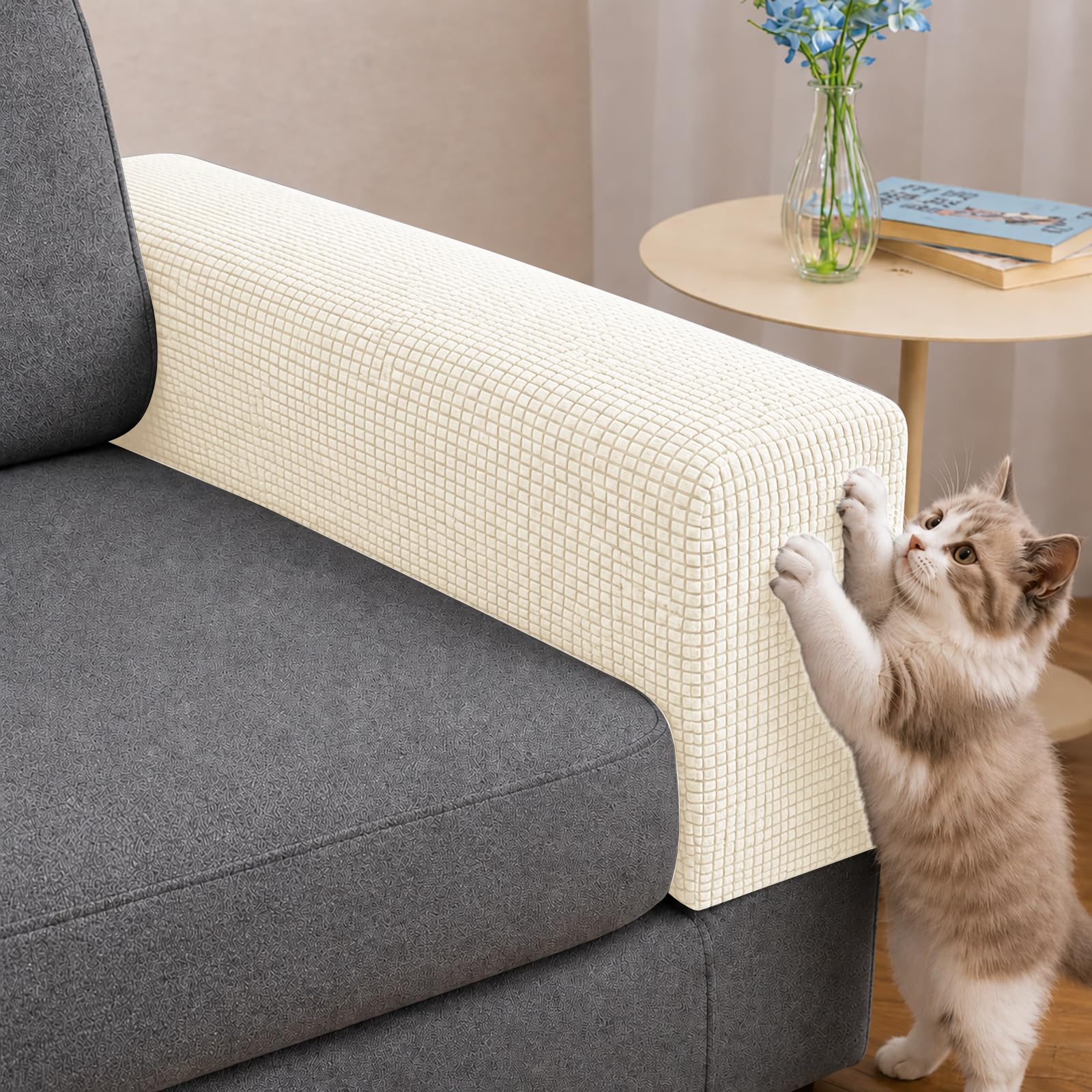Hiiksolo Sofa Arm Covers Set of 2, Stretch Washable Armrest Covers, Natural