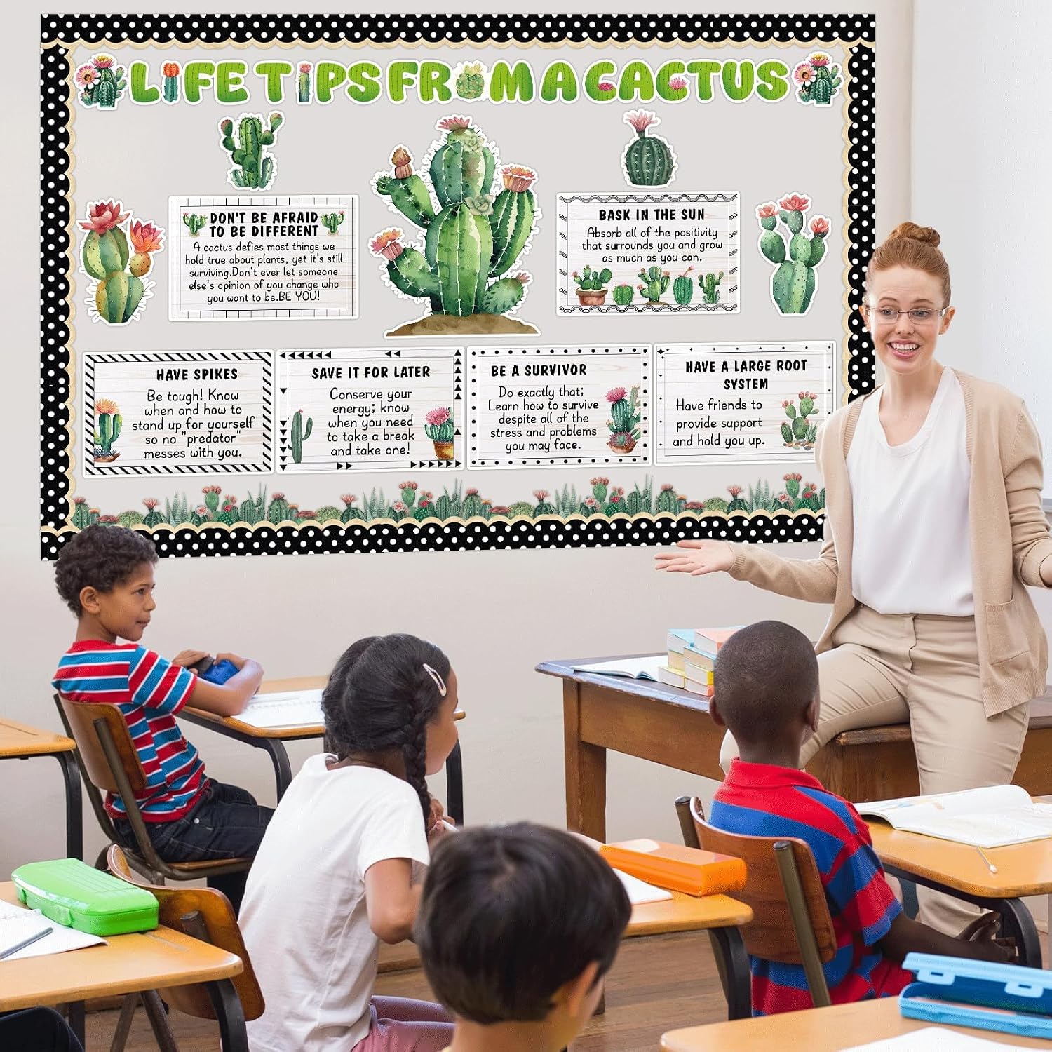party greeting Cactus Bulletin Board Set Motivational Classroom Decorations Greenery Succulent Paper Cutouts Plant Bulletin Board Border for Back to School Wall Door Decor Class Must Have Supplies