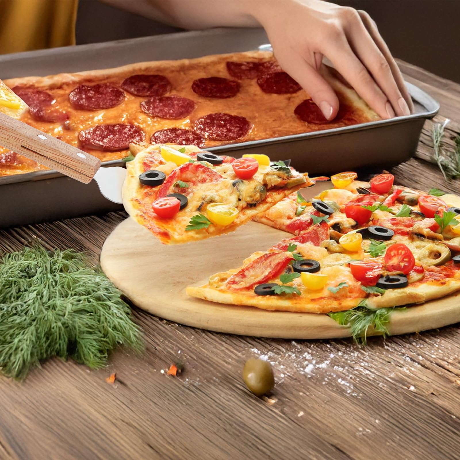 12 espátulas para servir pizza, con mango de madera, de acero inoxidable, aptas para pizza, fáciles de agarrar, espátulas para tartas, cuchillos y pasteles