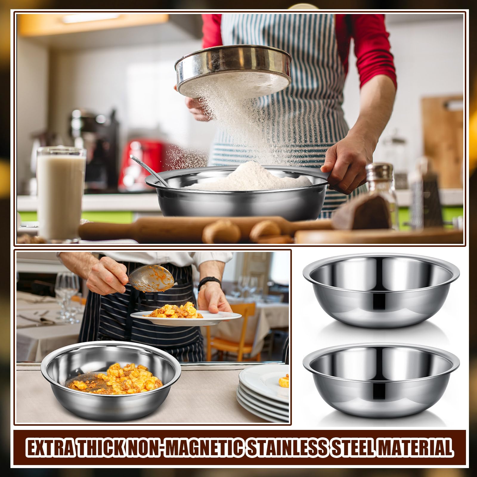 Nuogo 8 cuencos de acero inoxidable de 13 cuartos de galón, cuencos de metal para mezclar, cuenco grande para ensalada, lavabo con borde más profundo, apto para lavavajillas, cuencos de cocina con