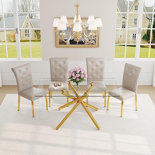 Miniatura 33 de Juego de mesa de comedor moderno de 63 pulgadas para 6 personas, juego de 6 mesas de comedor de cristal con patas de metal plateado, mesa de cocina