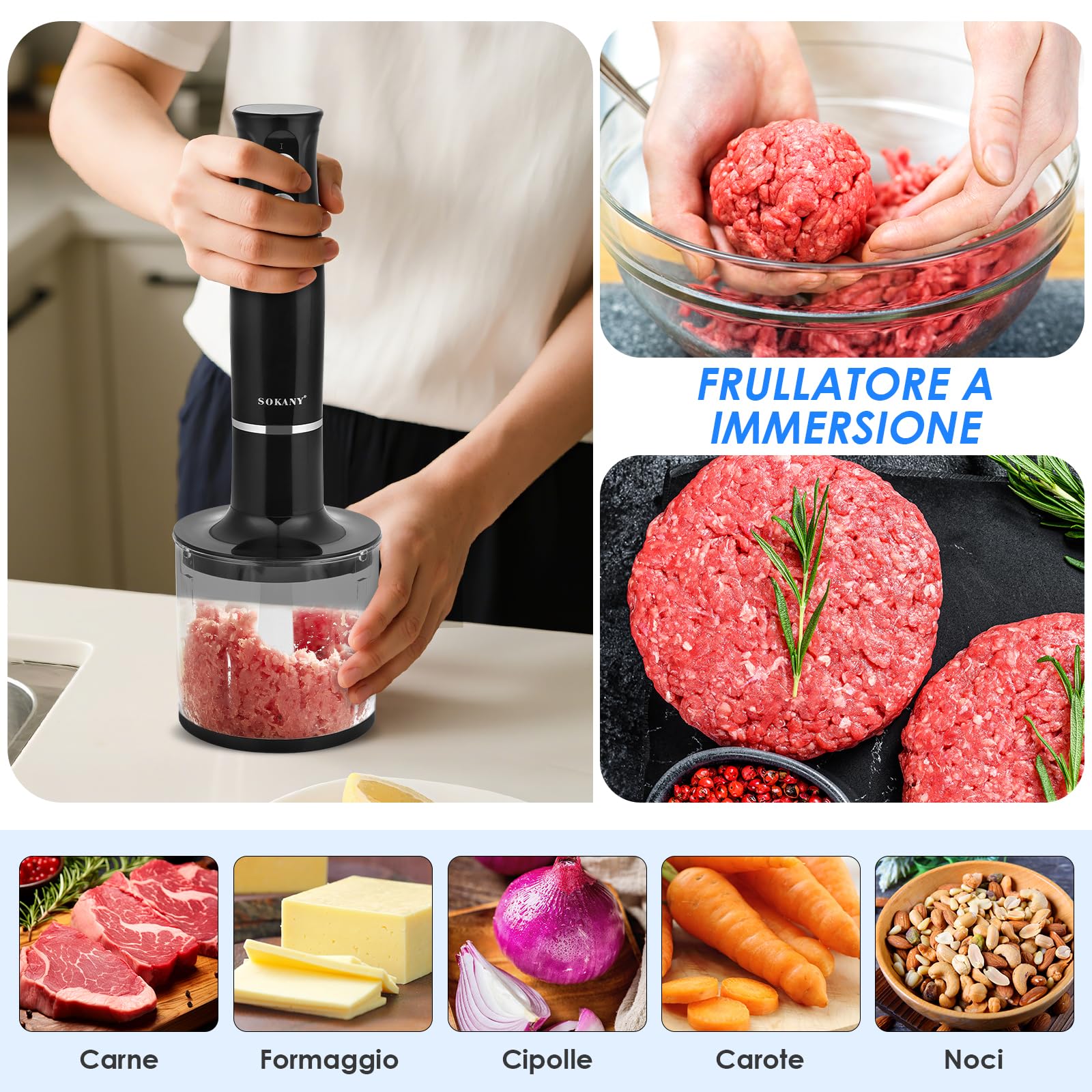 Mixer Immersione 4-In-1, 500 W Frullatore Tritatutto Multifunzione, 2 Velocità, con Frusta e Tritatutto da 500 ml e Misurino da 700 ml per Frullati, Zuppe, Salse, Yogurt, Alimenti Bambini