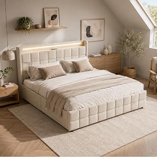 DULRLLY Bed 180 x 200 with Drawers, Storage Box, Double Bed with USB Charging Function and LED Headboard & 4 Drawers, Storage Beds, Youth Bed, Bed Frame with Ribbed Top, Without Mattress, Linen