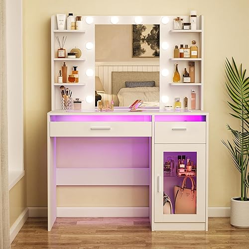 Miniatura 8 de Vanity Desk with Mirror and Lights, Makeup Vanity Desk with Lights 3 Colors, Transparent Top Vanity with 2 RGB Drawers, 6 Shelves, Large Tempered