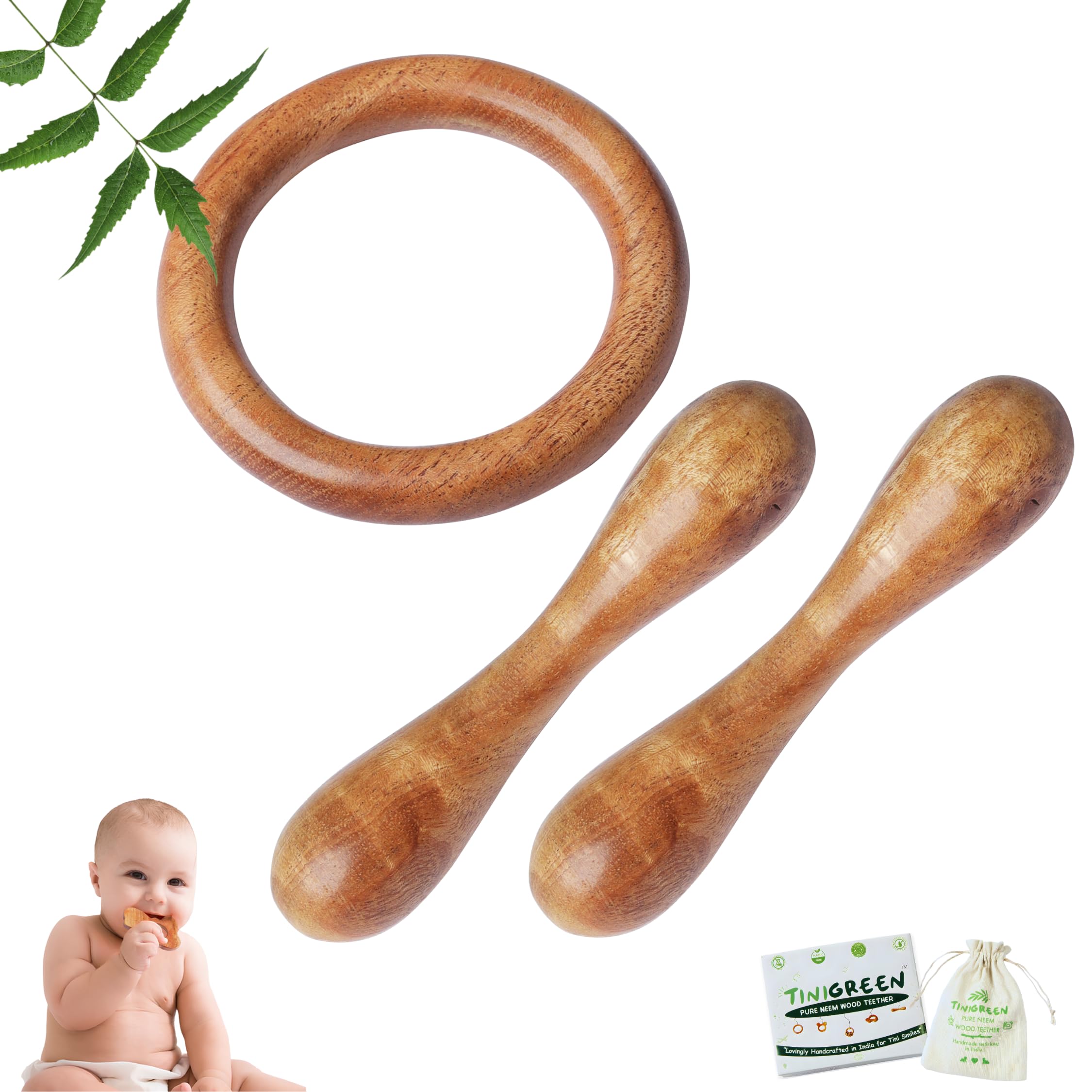Neem Wooden Baby Teether One - Ring & Two - Dumbbell Shape Organic Neem Wood Teething Toy for Infants 3–12 Months Handcrafted Natural Baby Teether (Pack of 3)-image-1