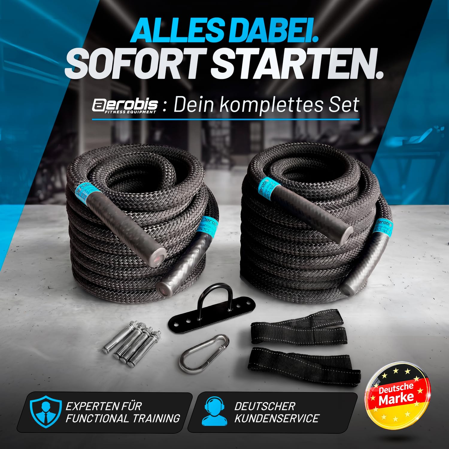 aerobis® Battle Ropes 30-40mm Durchmesser und 10-15m Länge inkl. Wandanker | Wetterfestes Trainingsseil | Videoanleitung & Trainingsplan