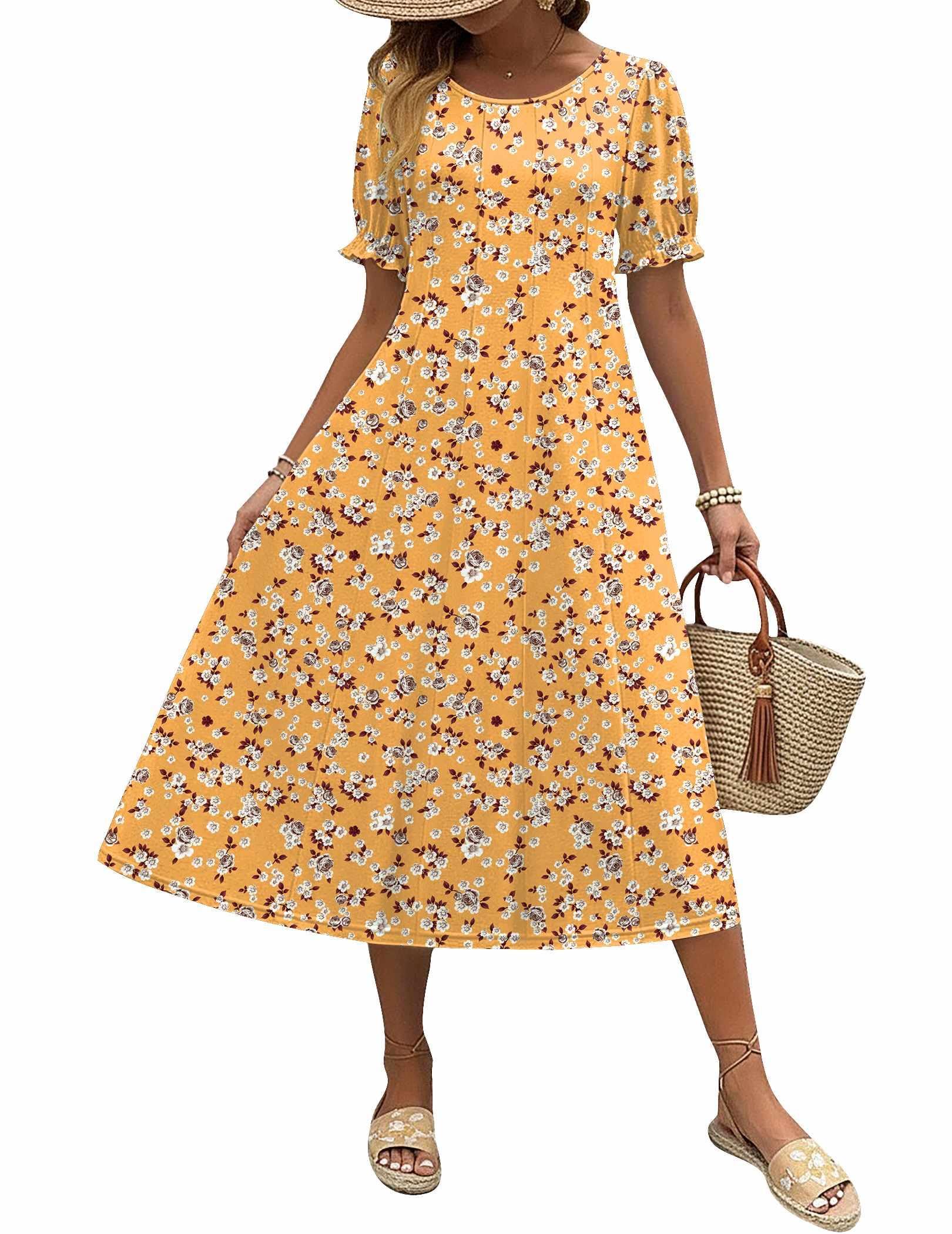 Womens Summer Dress Casual Midi Dresses 2026 Short Puff Sleeve Flare Dress Pleated Flowy Sundress with Pockets