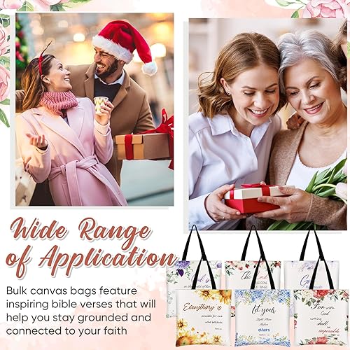 Miniatura 7 de Silkfly Regalo de Navidad, 6 bolsas de mano de la Biblia para mujeres, bolsas reutilizables religiosas con versículos florales, bolsa de mano