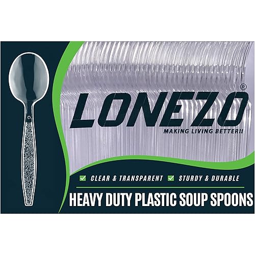 Lonezo [50 Count] Plastic Soup Spoons Heavy Duty Disposable Soup Spoons Shatter Resistant Soup Spoons Disposable Reusable Clear Soup Spoons for Hot And Cold Soups