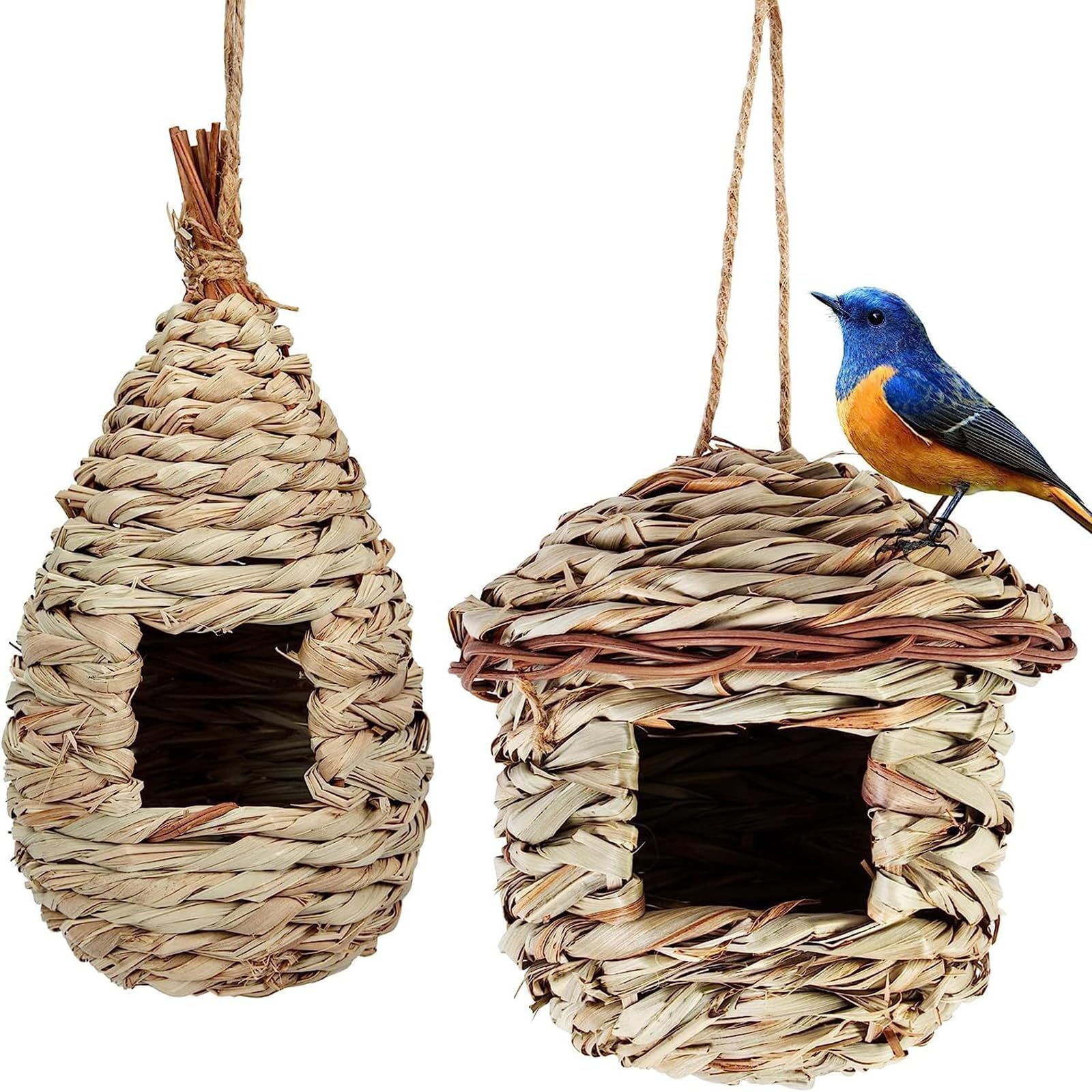 RayyanBird House,Handmade Straw Natural Bird Nest,Hand Woven Hanging Bird House,Natural Breeding Place,Bird House for Garden,Outdoor,Tree,Suitable for Parakeets,Parrot,and Small Animals(Pack of 2)