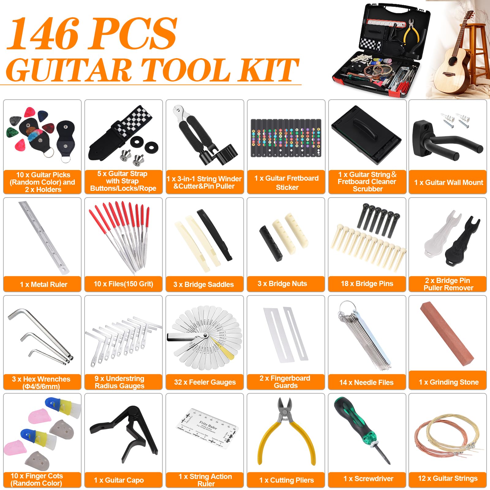 146-teiliges Gitarren-Werkzeugset, professionelles Gitarren-Reparaturset, Gitarrenwartungsset mit Gitarrenwerkzeug-Zubehör und Tragetasche, Gitarren-Setup-Kit für E-Gitarre, Akustikgitarre, Ukulele