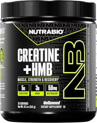 NutraBio Creatina + HMB- Monohidrato de creatina con polvo HMB para crecimiento muscular, mayor fuerza, 30 porciones (sin sabor)