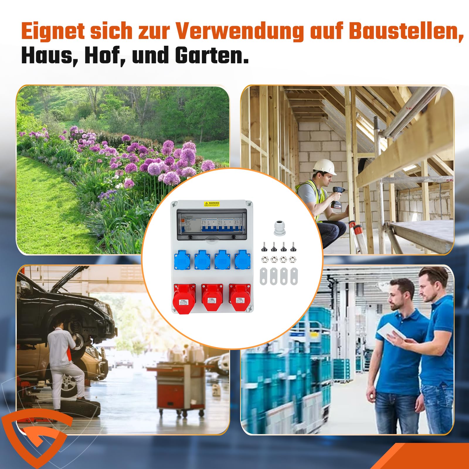 Baustromverteiler 4x230V 2x16A 1x32A mit FI Schalter LS Schalter 400V CEE, 5 polig Wandverteiler mit 4 Schutzkontaktsteckdosen für Innen Außenbereich auf Baustellen IP44