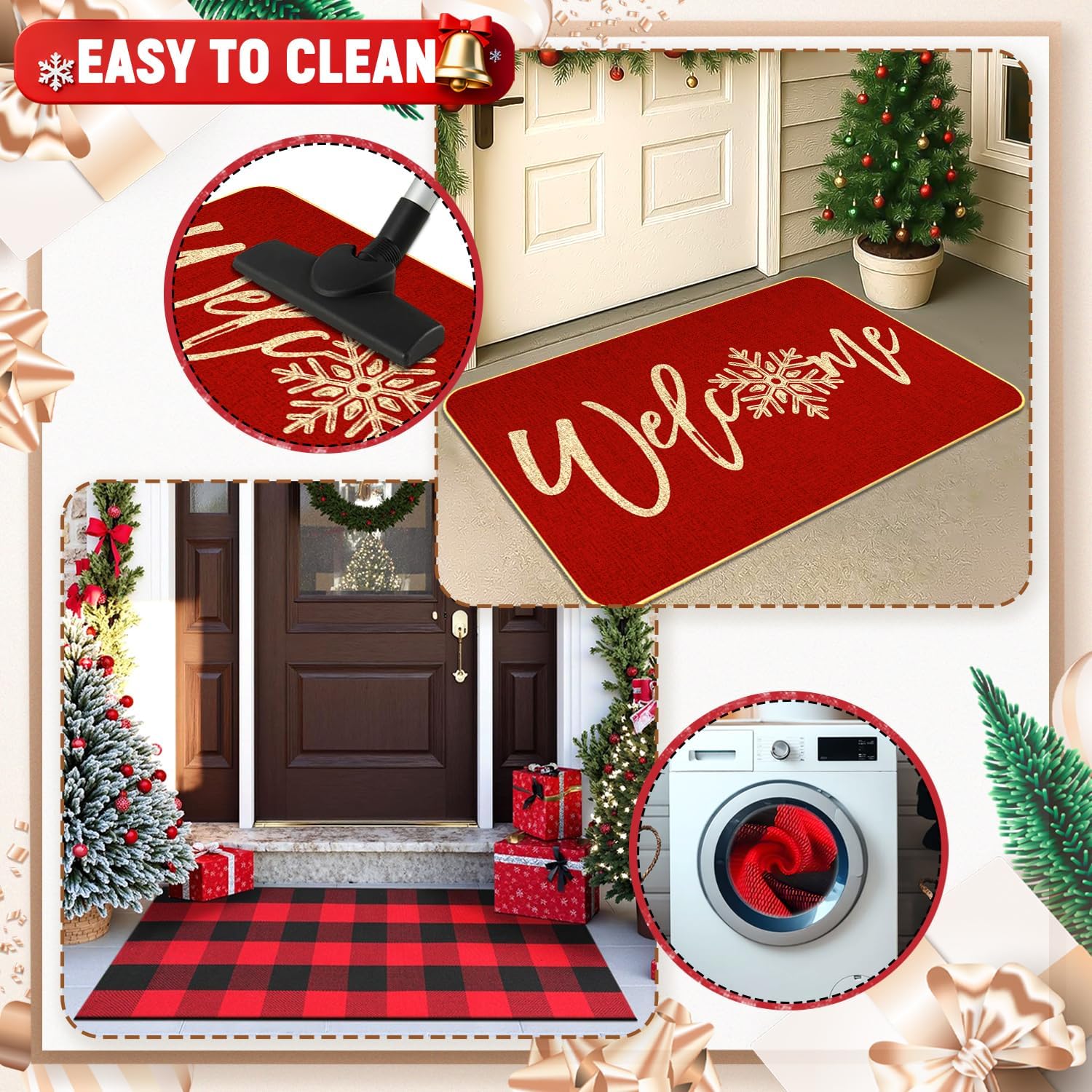 Christmas Door Mat Combo Set - Christmas Welcome Mat + 28 x 43 Inch Red and Black Plaid Rug, New Year Holiday Christmas Collection Doormat Layered Entryway Decor for Indoor Outdoor Use