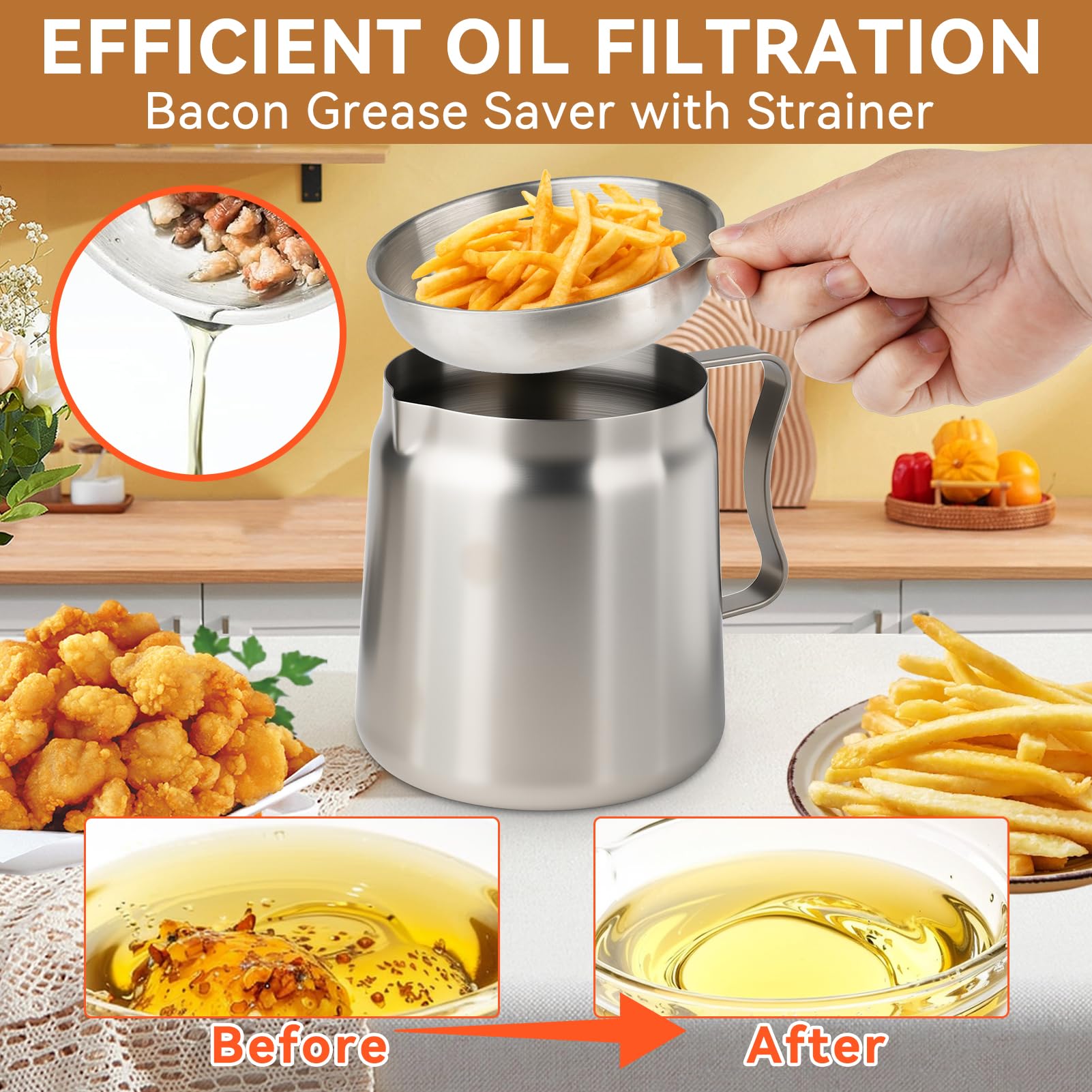 Filtro de aceite de acero inoxidable de 2 L, protector de grasa de tocino con colador, 50 hojas de papel delicatessen, termómetro de carne, filtro de aceite de cocina extraíble, freír multifunción