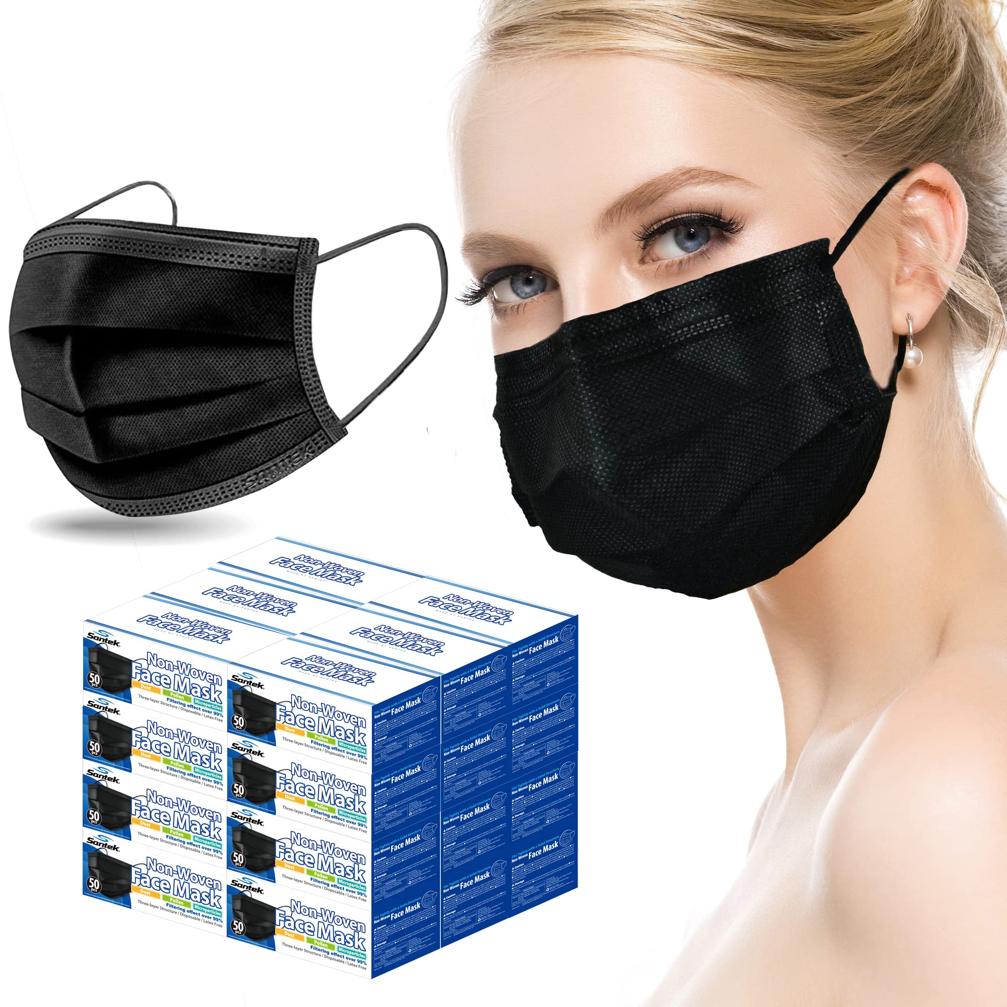 Santek Black Disposable Face Masks 3-Ply Filter – ASTM Level 2 Non-woven Breathable Comfortable Mask for Men & Women Adults 1200 Pcs (50 Pcs x 24 Boxes) Black
