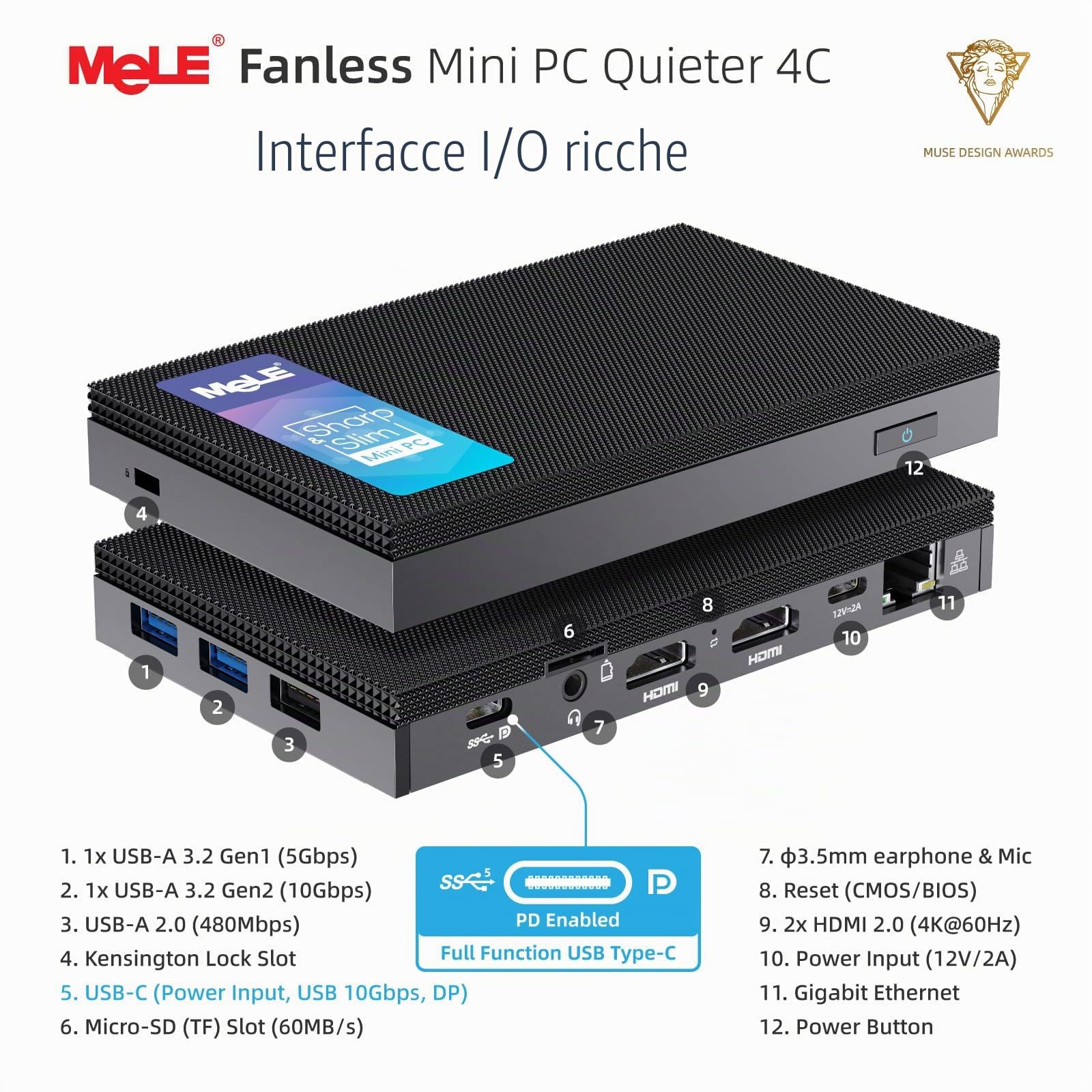 Mele Quieter 4C Mini PC, N150 16GB 512GB, with Windows 11 Pro 4K HDMI USBC | N150 fino a 3.6GHz, 16GB RAM, 512GB archiviazione with Windows 11 Pro, Wi-Fi 5, USB-C multi-function, triple 4K display, VESA