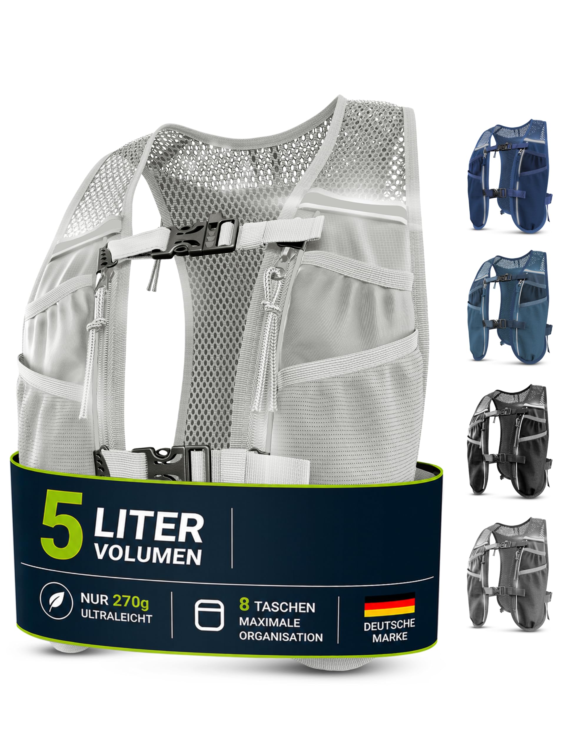SASMO® Laufweste Damen & Herren 5L / 2L | Running Vest - Ultraleicht & atmungsaktiv| Laufrucksack Damen - 8 Taschen | Laufweste Herren | Trinkweste Laufen