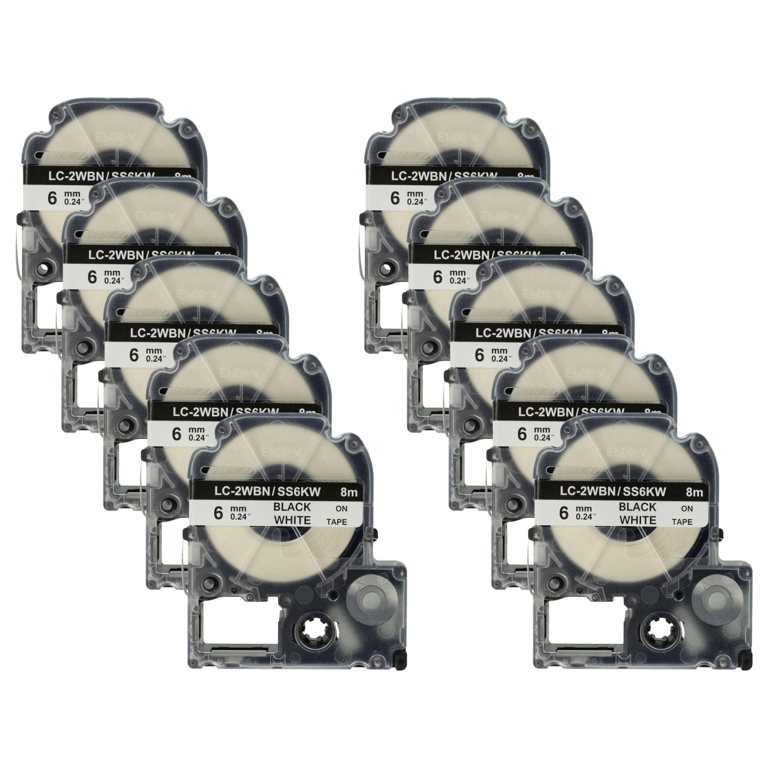 vhbw 10x Cassetta nastro compatibile con Epson LabelWorks OK900P, OK720 etichettatrice 8m x 6 mm nero su bianco