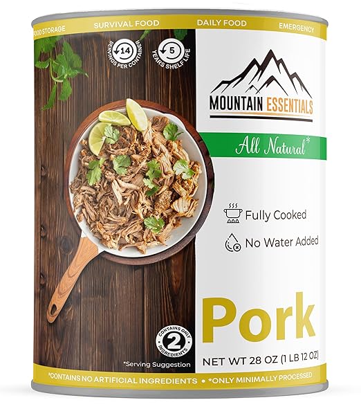 MOUNTAIN ESSENTIALS Canned Pork 28 Oz – Fully Cooked, Ready to Eat – Pantry Staple Canned Meat for Everyday Meals, Emergency Survival & Bulk Food Storage – 5-Year Shelf Life – Made in USA – 1 Pack