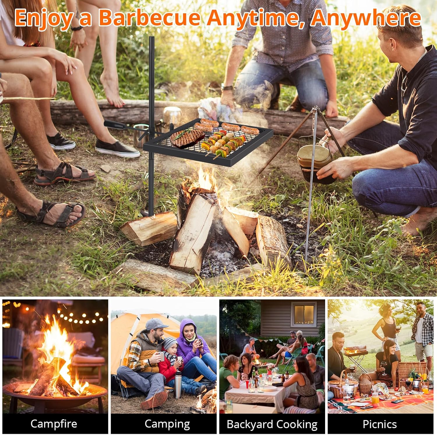 Swivel Campfire Grill – Heavy-Duty Steel Grate 42x32cm with Carry Bag, 360° Adjustable Over Fire Pit BBQ Cooking Rack, Portable Outdoor Grilling, Vertical, Grill Storage, One Baking Tray Two