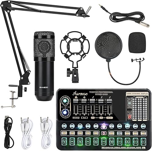 Asmuse Paquete de micrófono de condensador BM-800 Equipo de transmisión Kit de micrófono con tarjeta de sonido en vivo, soporte de micrófono