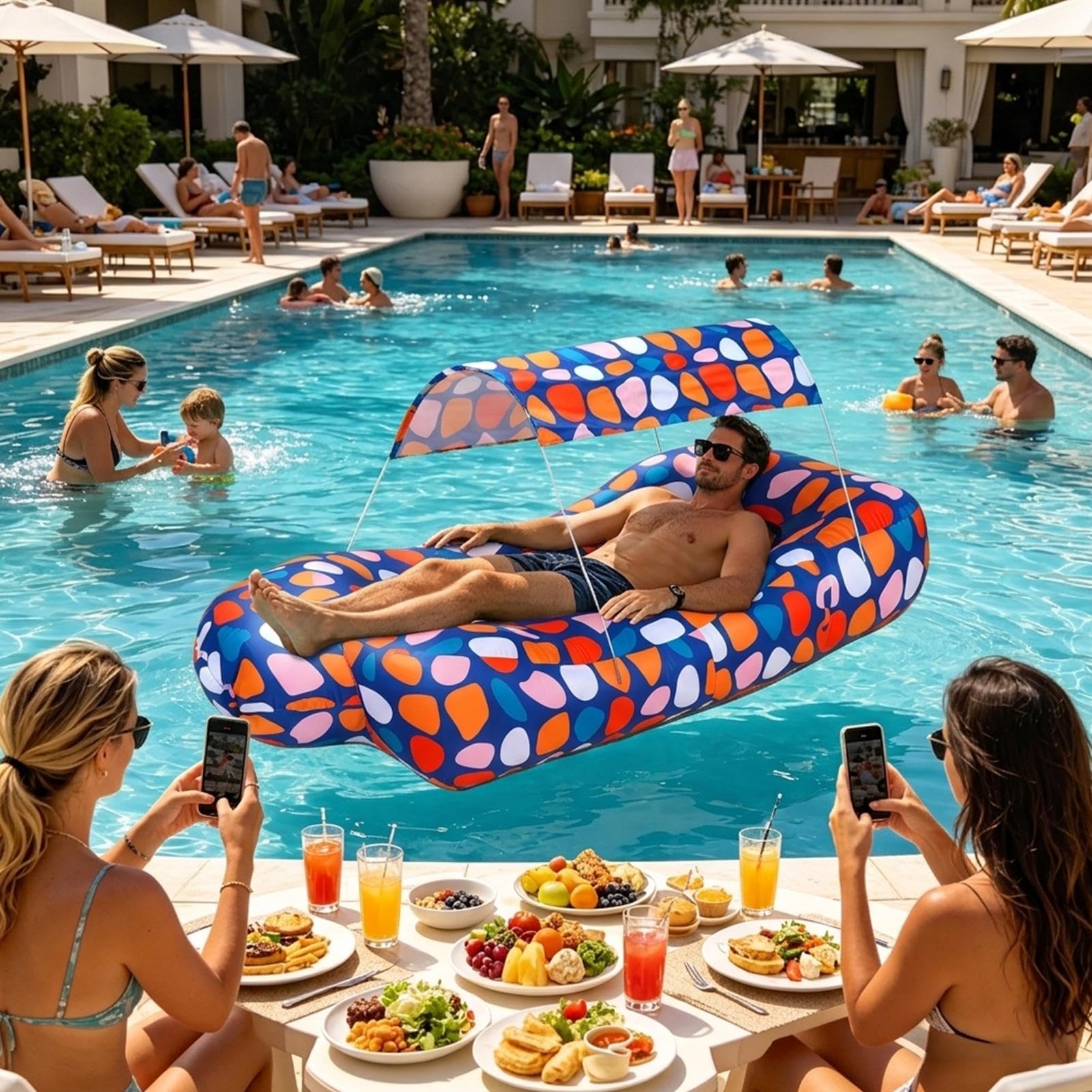 Aufblasbare Relaxliege Reise-Luftsofa mit Sonnenschutzdach | Liegesessel für Outdoor und Garten für Outdoor Camping Reisen Wandern Picknick Garten Festival Park Meer Balkon