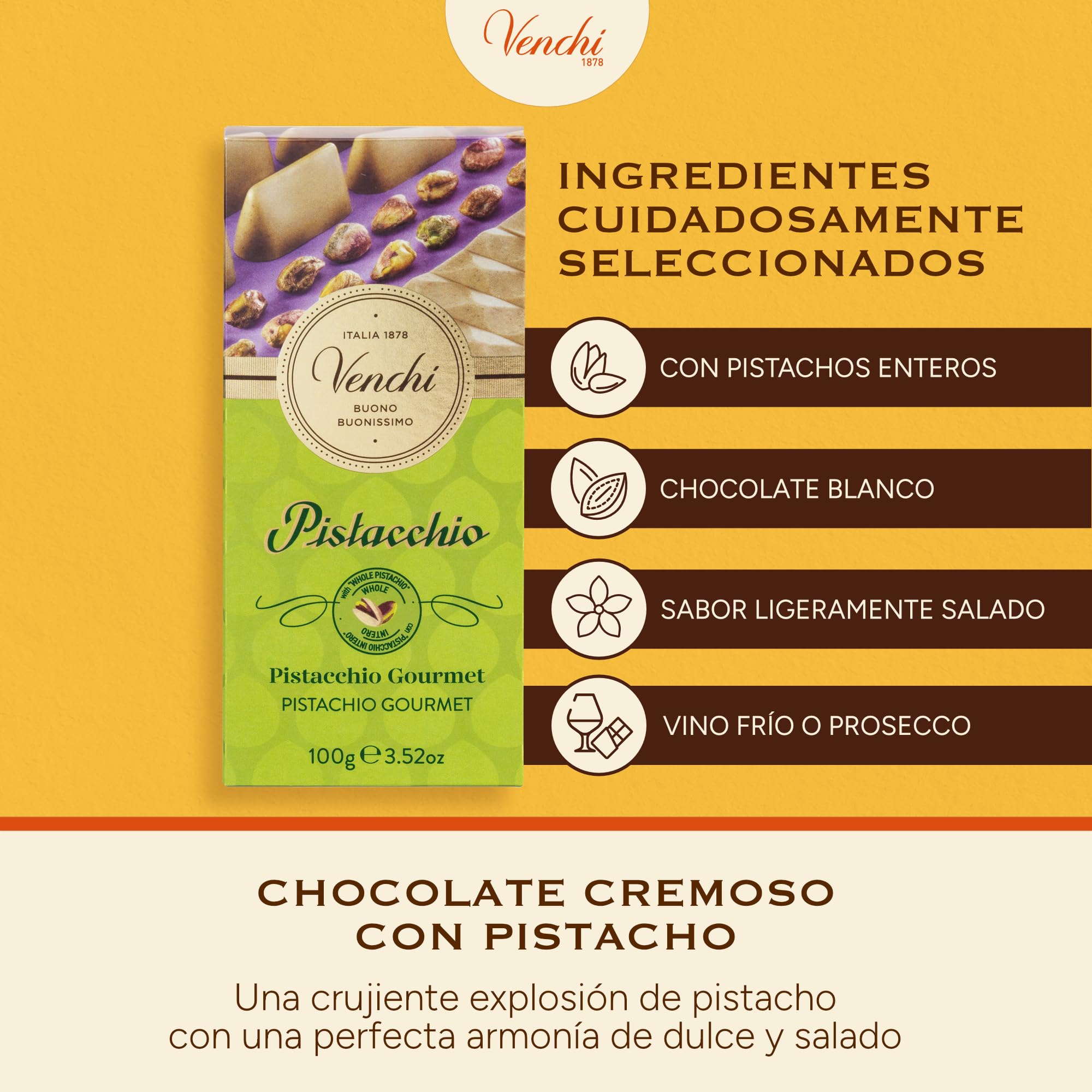 Venchi Tableta de Chocolate Pistacho Gourmet 95 g Sin Gluten