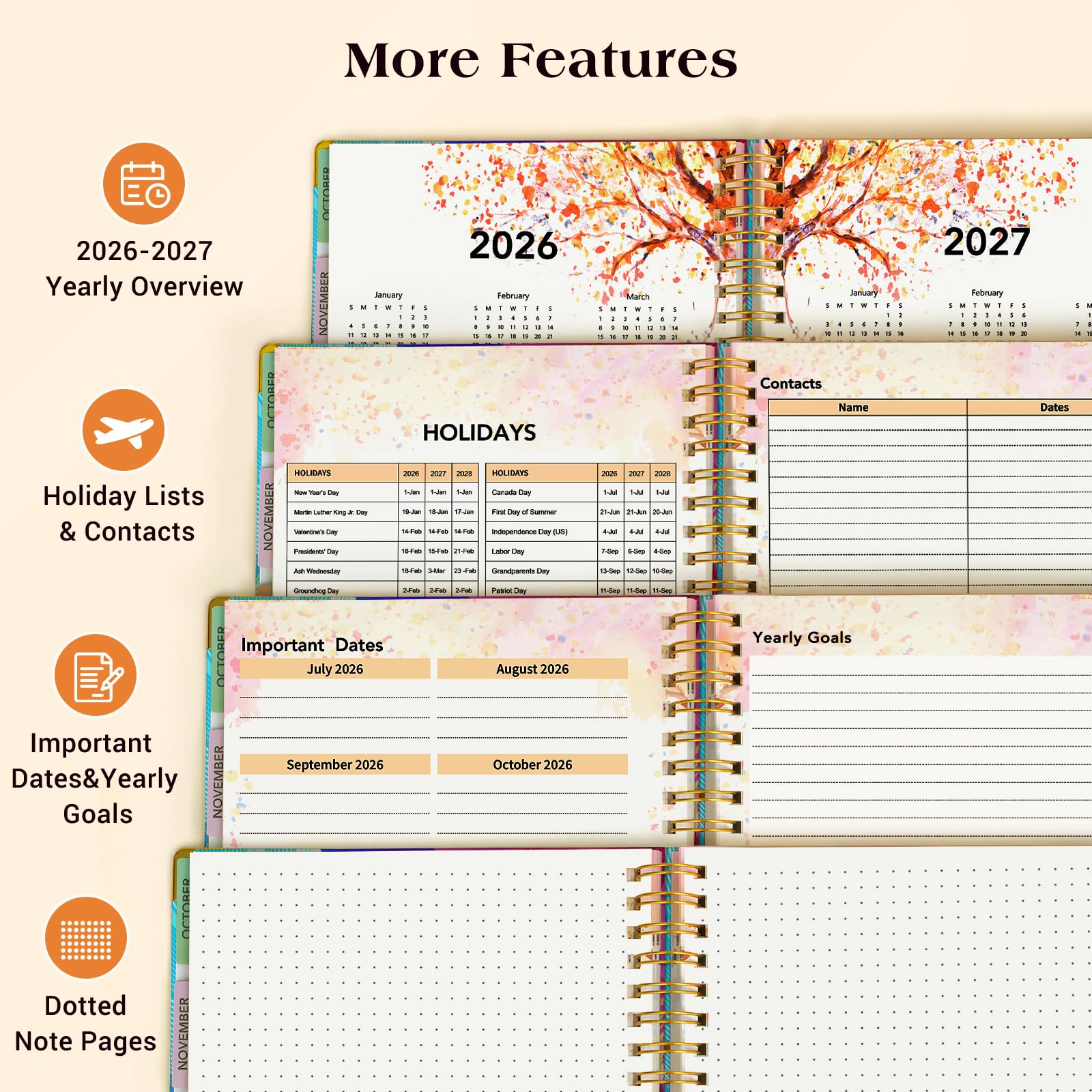 Agenda accademica 2026-2027, formato A4, 18 mesi, calendario settimanale e mensile da luglio 2026 a dicembre 2027, copertina rigida in pelle con linguette, pianificatore giornaliero per studenti