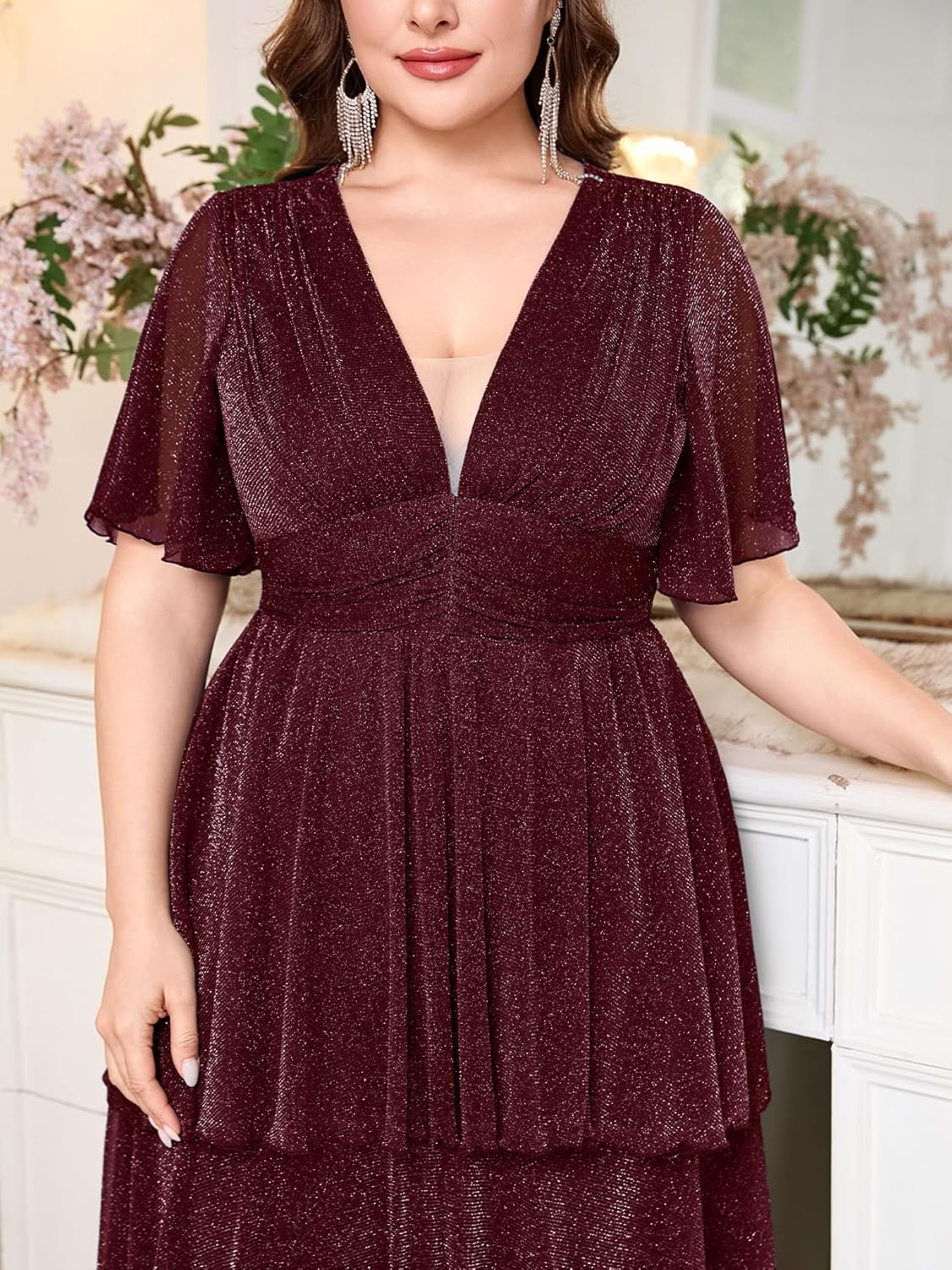 Plus Size Formal Evening Gown Glitter V Neck Ruffle Sleeve Elegant Flowy Tiered Maxi Wedding Guest Party Dress