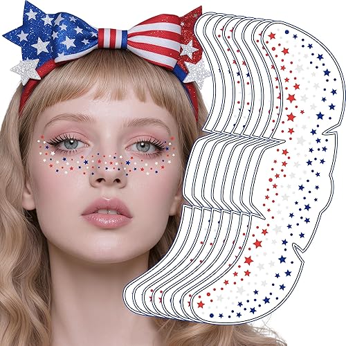 4th of July Outfits for Women - 8 Pack Red White and Blue Freckles Patriotic Face Tattoos for 250 Anniversary USA Merchandise | Fourth of July Accessories Shirts Party Favors Decorations
