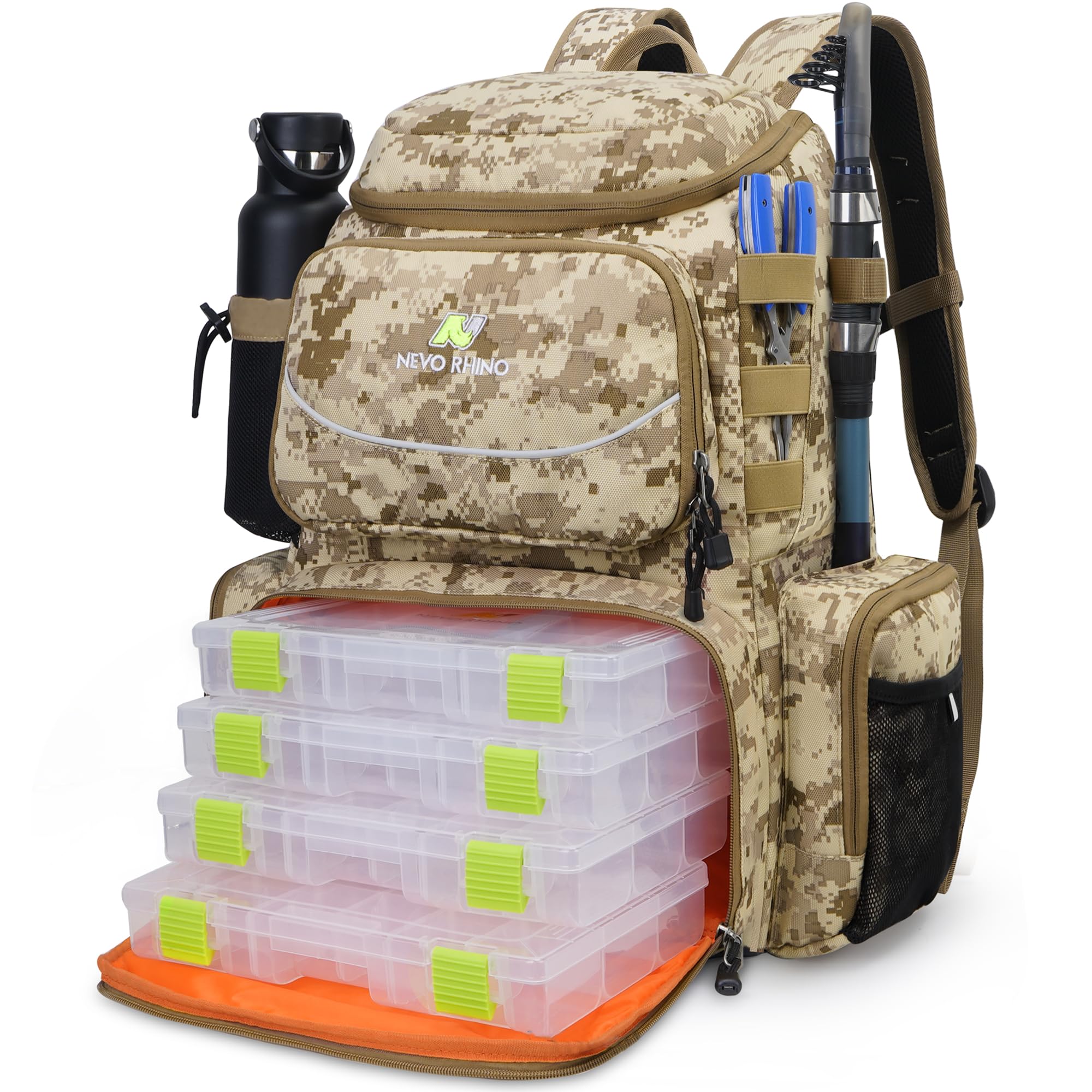 N NEVO RHINO Fishing Tackle Backpack with Rod Holders, 40L Large Fishing Bag with Waterproof Rain Cover,Outdoor Tackle Bag