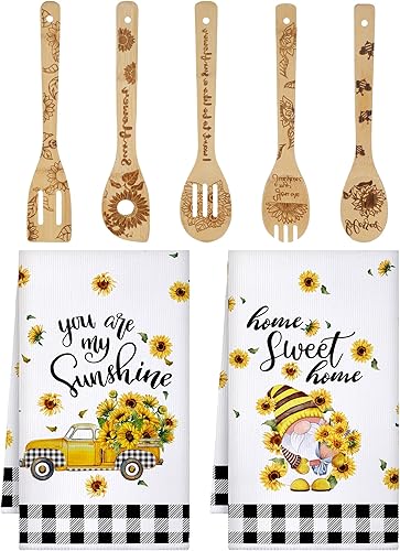 Juego de 7 toallas de cocina con girasol, diseño de girasol, bambú, rayón, cucharas de cocina, regalos de girasol para mujeres, inauguración de la