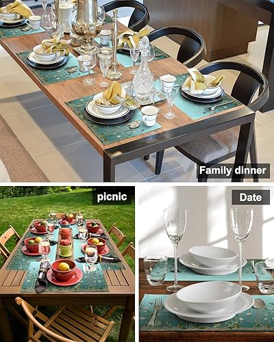 Miniatura 5 de Juego de 2 manteles individuales de mesa de flores degradadas verde azulado para mesa de comedor, manteles individuales de lino de algodón con