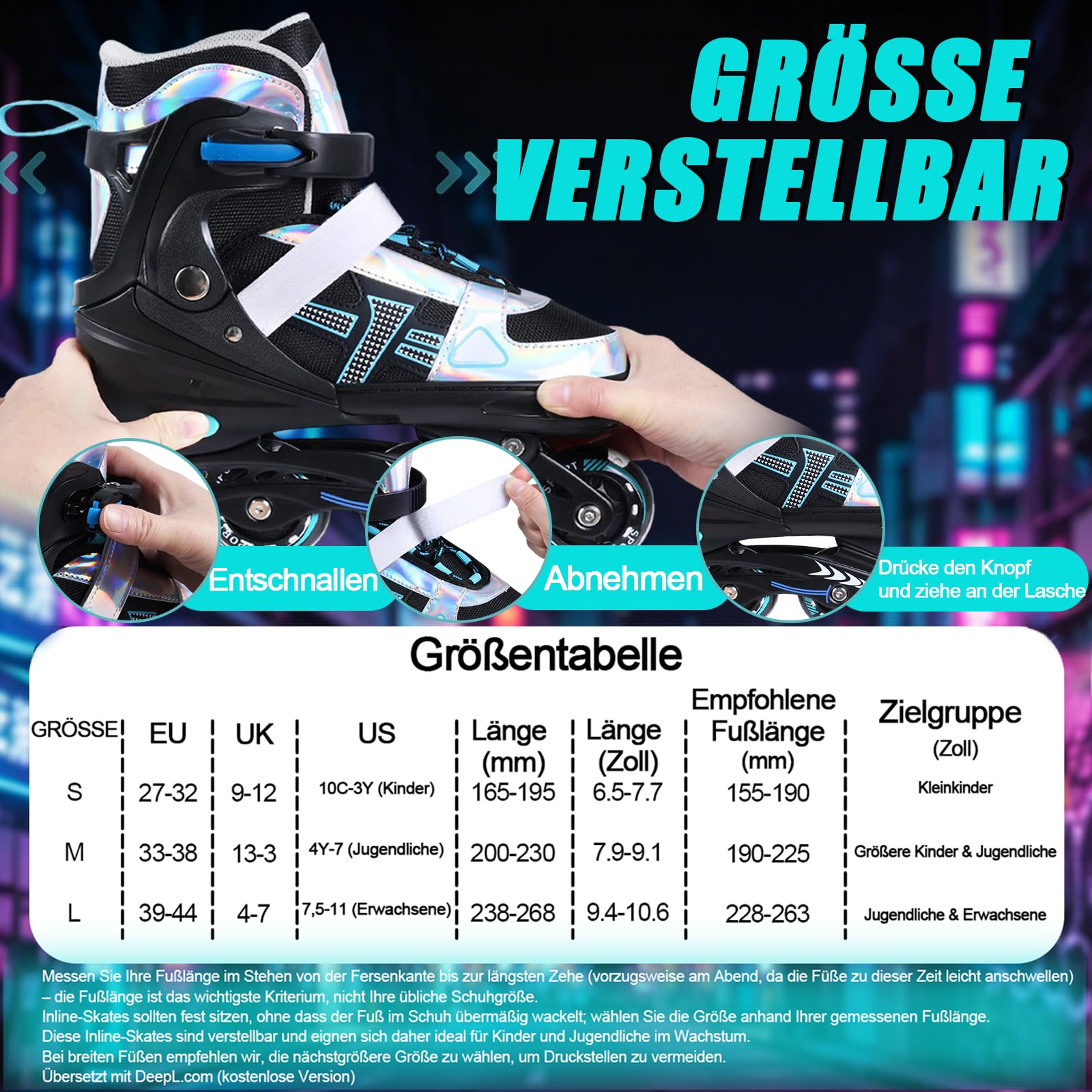 Inline Skates Kinder Verstellbare Rollschuhe für Jungen Mädchen | 4 Größen verstellbar, 3 Größenauswahl; 4 leuchtende Räder, Sport für drinnen und draußen, Geschenk für Kinder