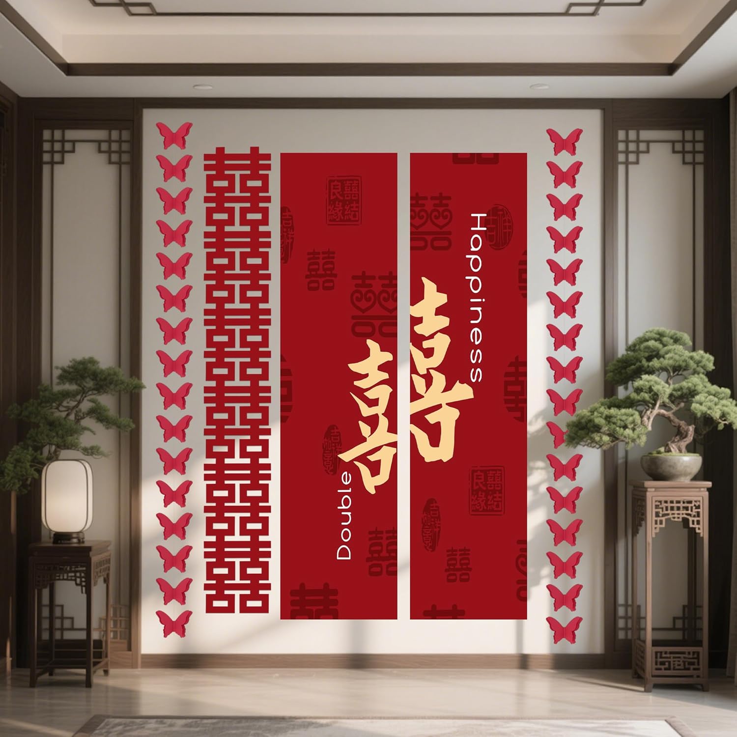 HannaFires 6PCS Wedding Party Double Happiness Decoration Set – Red Xi Banner with Butterfly Garlands & Long Scrolls, Traditional Wedding Room or Hotel Décor for Bride and Groom, Meaningful Gift