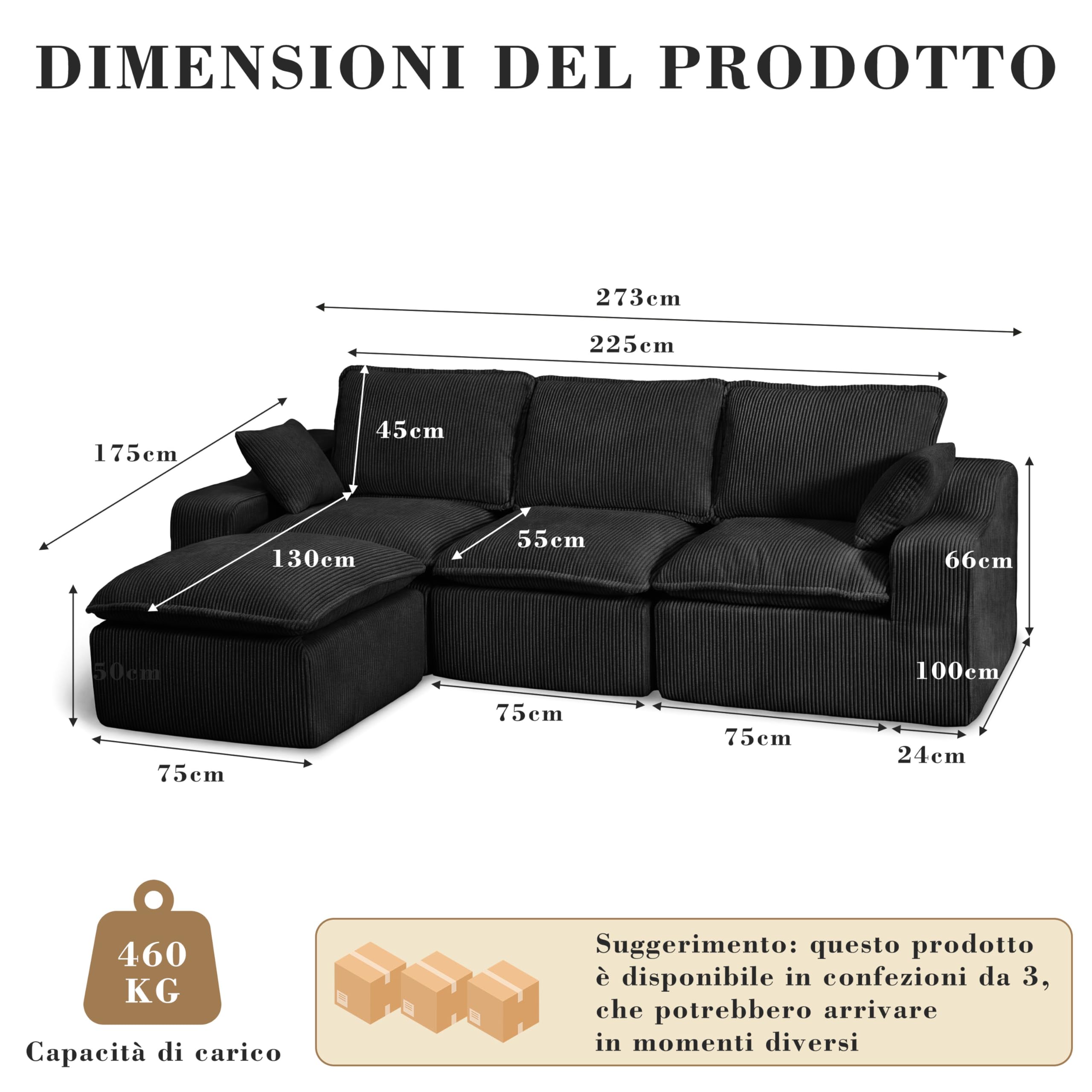 Vipbear Divano 4 Posti con 1 Pouf, Divano Cloud in Tessuto di Velluto a Coste con Seduta Profonda Imbottita, Seduta Extra Profonda e Morbida, Modulare Divano a L per il Soggiorno, Nero