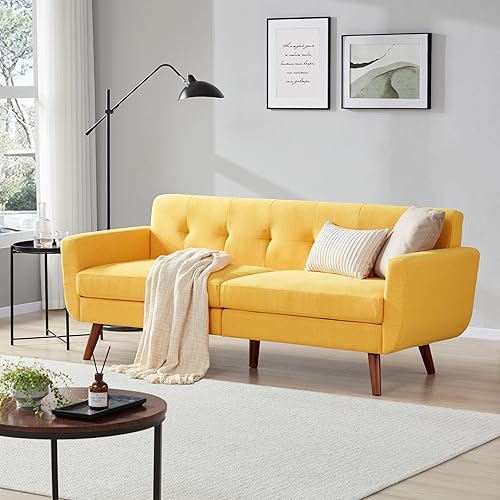 Miniatura 19 de Tbfit Sofá individual de tela de lino, silla de acento, sillón moderno de mediados de siglo para sala de estar, dormitorio, tapizado con botones,