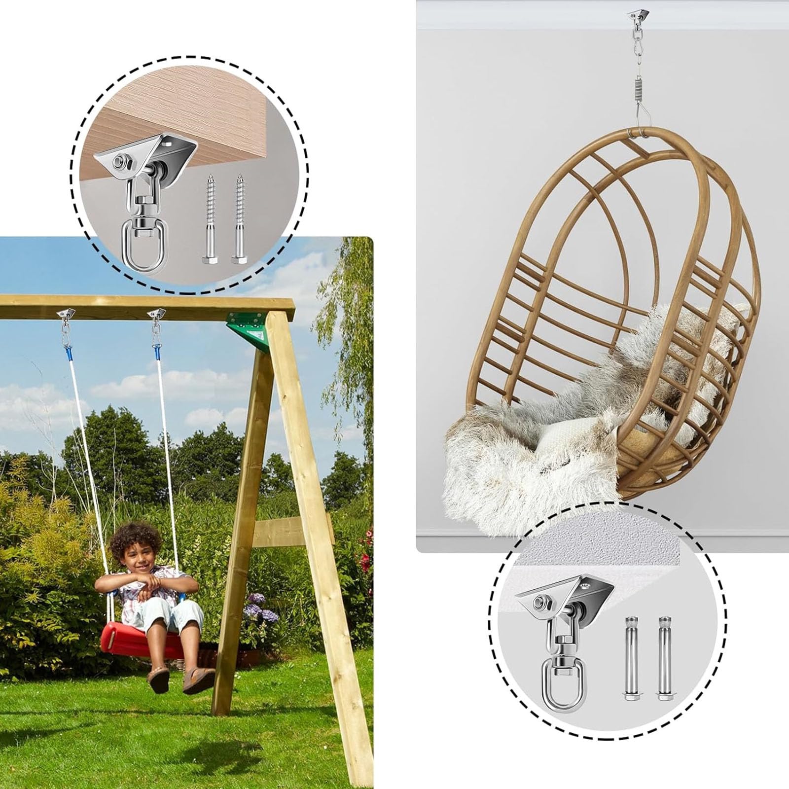 Rostfreie Deckenaufhängung, drehbare Hakenhalterung, 250 kg, für Hängematten Innen und Außenbereich, Hängebettausrüstung, korrosionsbeständiges Hänge Hardware Set