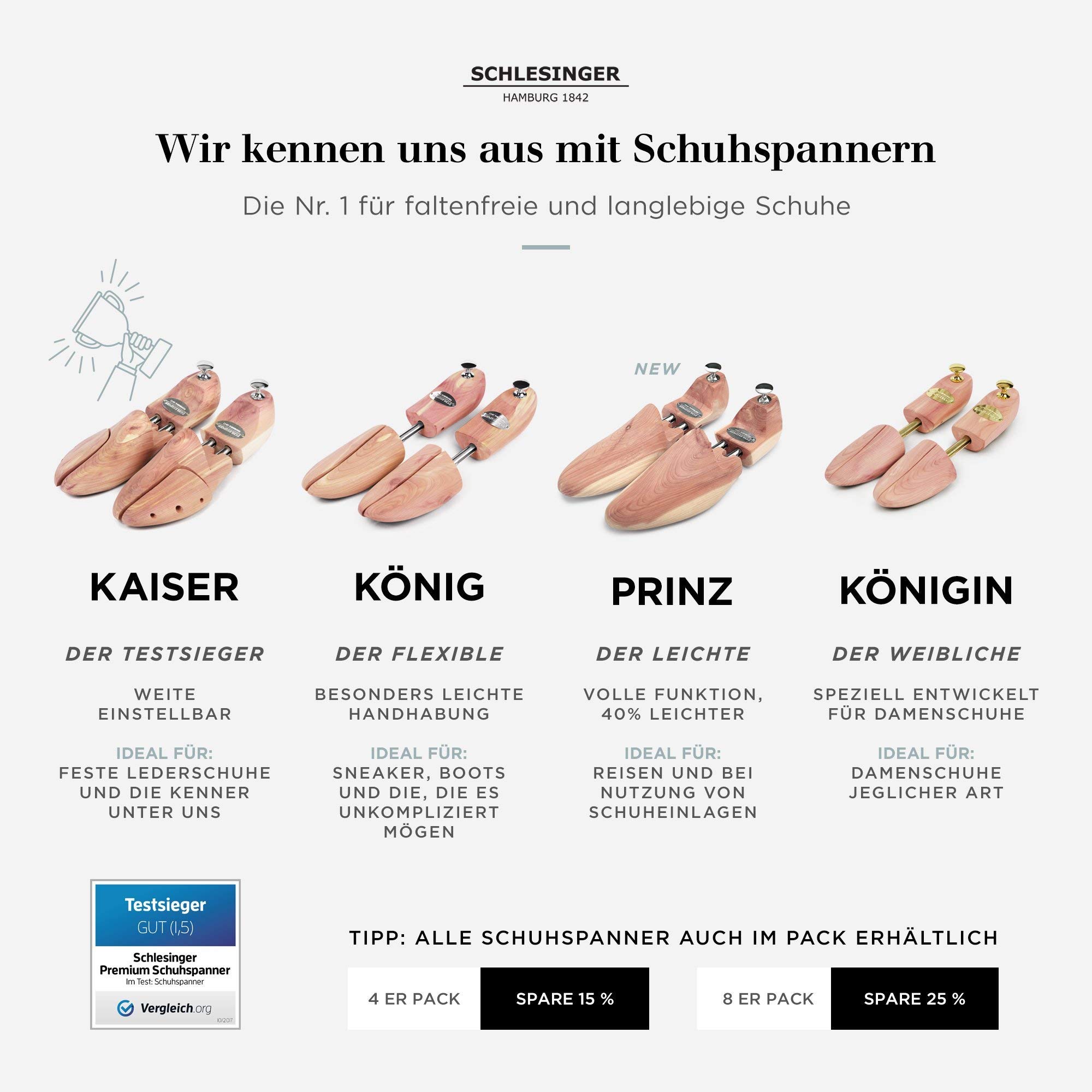 Schlesinger – 4 Paar Premium Herren Schuhspanner aus edlem Zedernholz für Lederschuhe und Sneaker. Modell König. Größe 39 – 48 in Silber oder Gold.