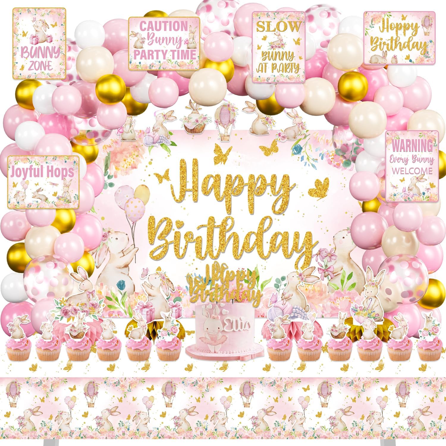 KOTLMIGHT Bunny Birthday Decorations for Girls, 143Pcs Pink Bunny Rabbit Party Decor Supplies for Boy Girl Birthday - Backdrop, Banner, Balloons, Tablecloth, Centerpieces, Hanging Swirls, Wall Signs